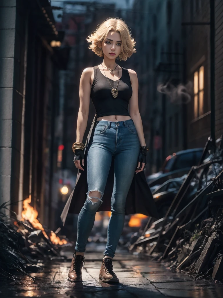 "(((masterpiece))), best quality, Ultra-fine CG unity 8k wallpaper, Depicted《Dragon Ball Z》中人造人 18 号在一座ruins城市中, permanent, Light Blonde Hair, White top and black vest, blue jeans, orange socks, Black shoes, Black gloves, necklace, bracelet, Destruction and chaos, smokes, fire, ruins, dust, Strong shadows, Dramatic Lighting, Melancholy atmosphere, movie ending, giggle"
