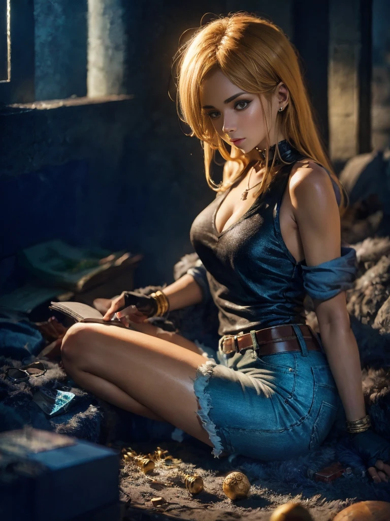 "(((masterpiece))), best quality, Ultra-fine CG unity 8k wallpaper, Depicted《Dragon Ball Z》中人造人 18 号在一座ruins城市中, permanent, Light Blonde Hair, White top and black vest, blue jeans, orange socks, Black shoes, Black gloves, necklace, bracelet, Destruction and chaos, smokes, fire, ruins, dust, Strong shadows, Dramatic Lighting, Melancholy atmosphere, movie ending, giggle"