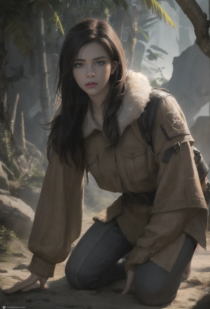 looking at viewer, half body angle, cave background, movie still, chiaroscuro lighting, Rembrandt lighting, female hunter, Wearing jungle clothing, brown long hair, appropriate muscle definition, half-kneeling on the ground, heroic posture, realistic style,(8k, RAW photo, best quality, masterpiece:1.2), (realistic:1.3), (photorealistic:1.3), detailed facial features, ultra-detailed, Masterpiece, realistic lighting, best quality, masterpiece,best quality,extremely detailed CG unity 8k wallpaper,on artstation