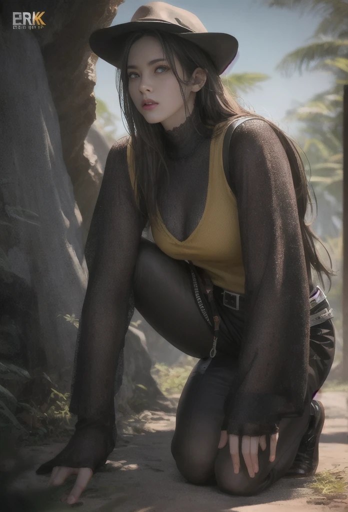 looking at viewer, half body angle, cave background, movie still, chiaroscuro lighting, Rembrandt lighting, female hunter, Wearing jungle clothing, brown long hair, appropriate muscle definition, half-kneeling on the ground, heroic posture, realistic style,(8k, RAW photo, best quality, masterpiece:1.2), (realistic:1.3), (photorealistic:1.3), detailed facial features, ultra-detailed, Masterpiece, realistic lighting, best quality, masterpiece,best quality,extremely detailed CG unity 8k wallpaper,on artstation