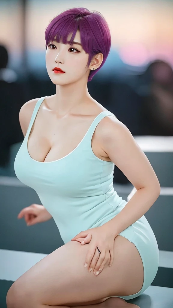 Professional photography, 16K, ultra realistic, super detailed, high resolution, best quality, head: 1.3, 1girl alone, (Korean K-pop idol), pale-cyan hair, short hair, pale-white skin, illuminated skin, realistic shading, realistic textures, sharp focus, ( cinema lighting), clavicle, Morning, soft light, dream aesthetic, dream atmosphere, dynamic angle, [: (face detail:1.2):0.2], natural big breasts, tight slit, red dress, hot slim, mid-chest, cleavage, body whole, big hips, thick thighs, blurred background, different positions in various types of angles. 