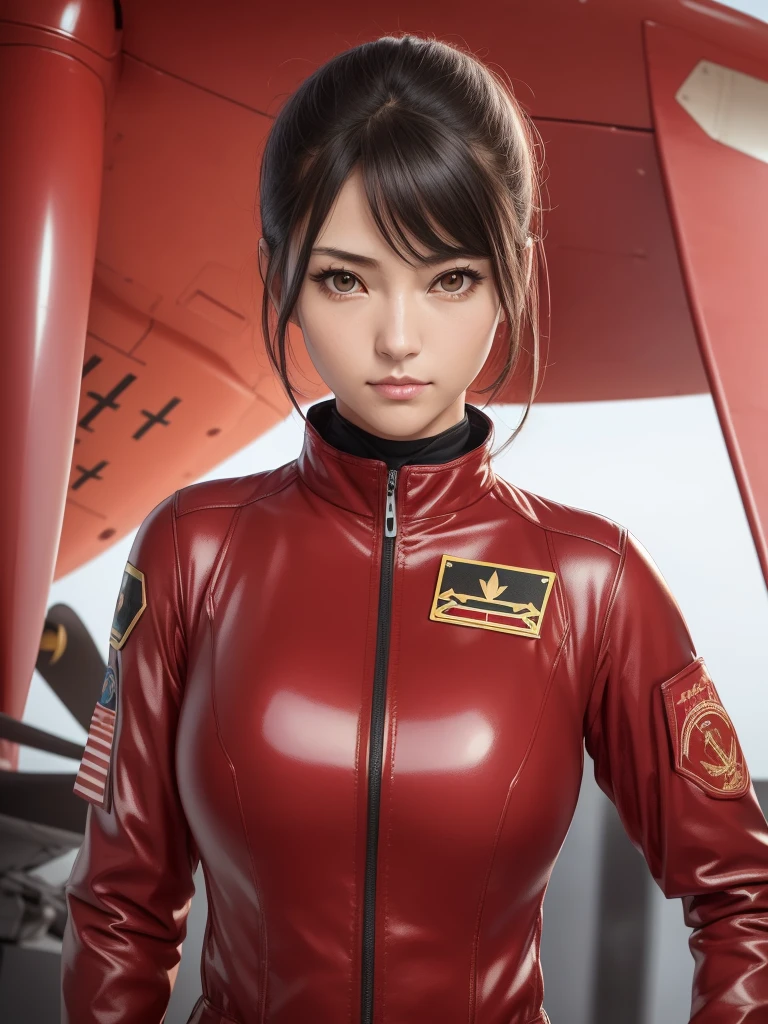 masuter piece, best qualtiy, (((realisitic, Photorealsitic:1.37))), ((solo)), 8K image quality, Extremely delicate and beautiful, splendid, Official art with attention to detail, Ridiculous, Unbelievably ridiculous, huge filesize, ultra-detailliert, ighly detailed, (Pretty girl), (detailed girl), extremely detailed eye and face, Beautiful detailed eyes, Light makeup,, (Perfect female figure), (Japan Beauty), ((fullllbody)), ((Put the head in the frame)), A dark-haired, ((Female Fighter Pilot)), (((Full body fighter pilot suit in scarlet color))), (Military Airports, Sunnyday),