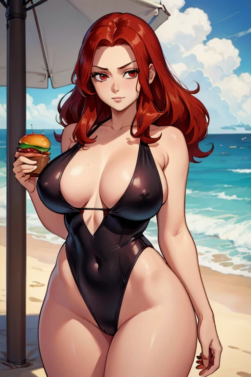 A red haired woman with red eyes with an hourglass figure in a cute one piece swimsuit is  holding a burger at the beach