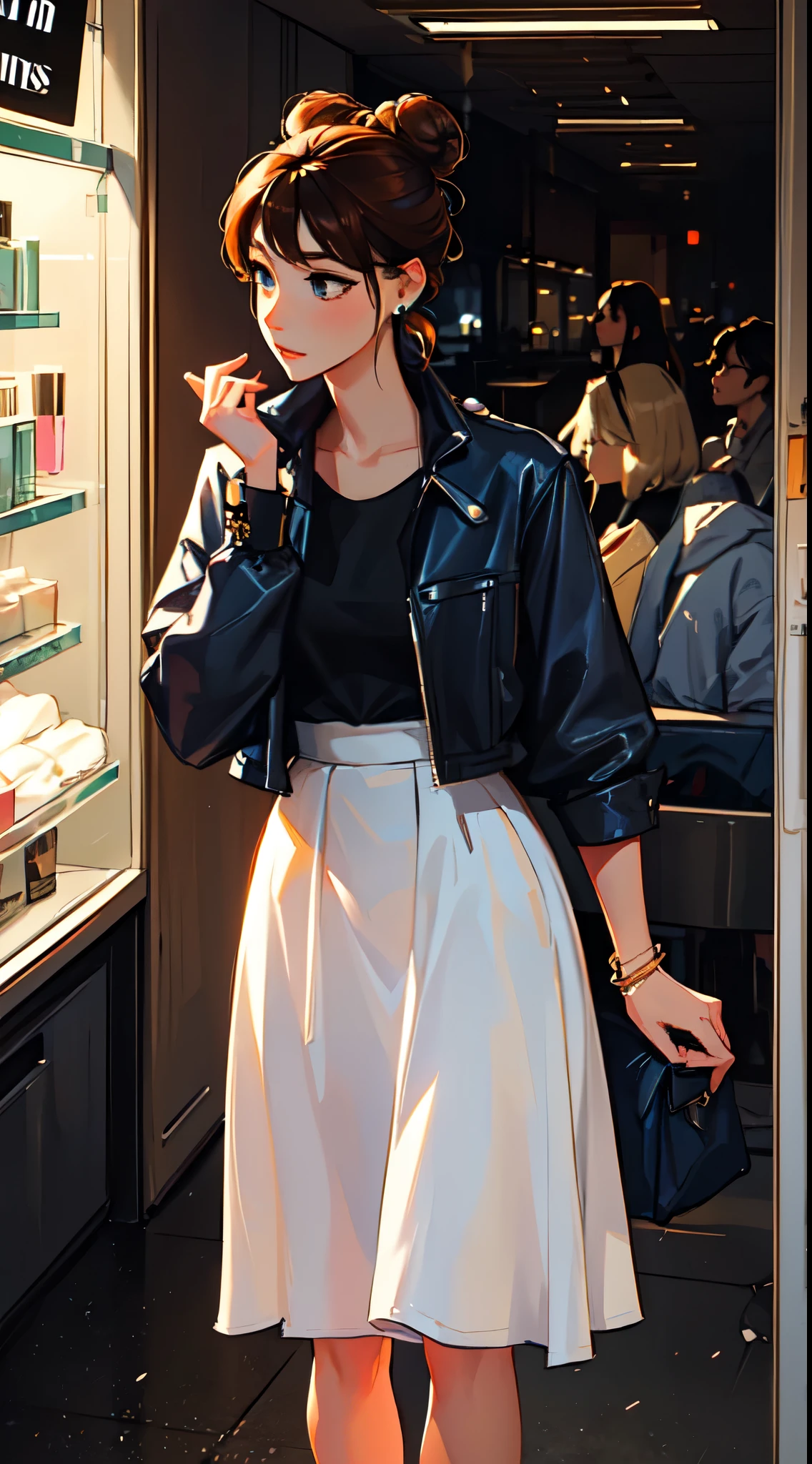 Ambiguity and elegance, Model, Need high contrast, jewelry, earrings, miniskirt, shirt, jacket, Brown hair, White shirt, A bracelet, Hair Bun, single Hair Bun, Long skirt, Shut up, 环形earrings, blue jacket, Roll up your sleeves, Revealing clothes, cosmetic, White skirt