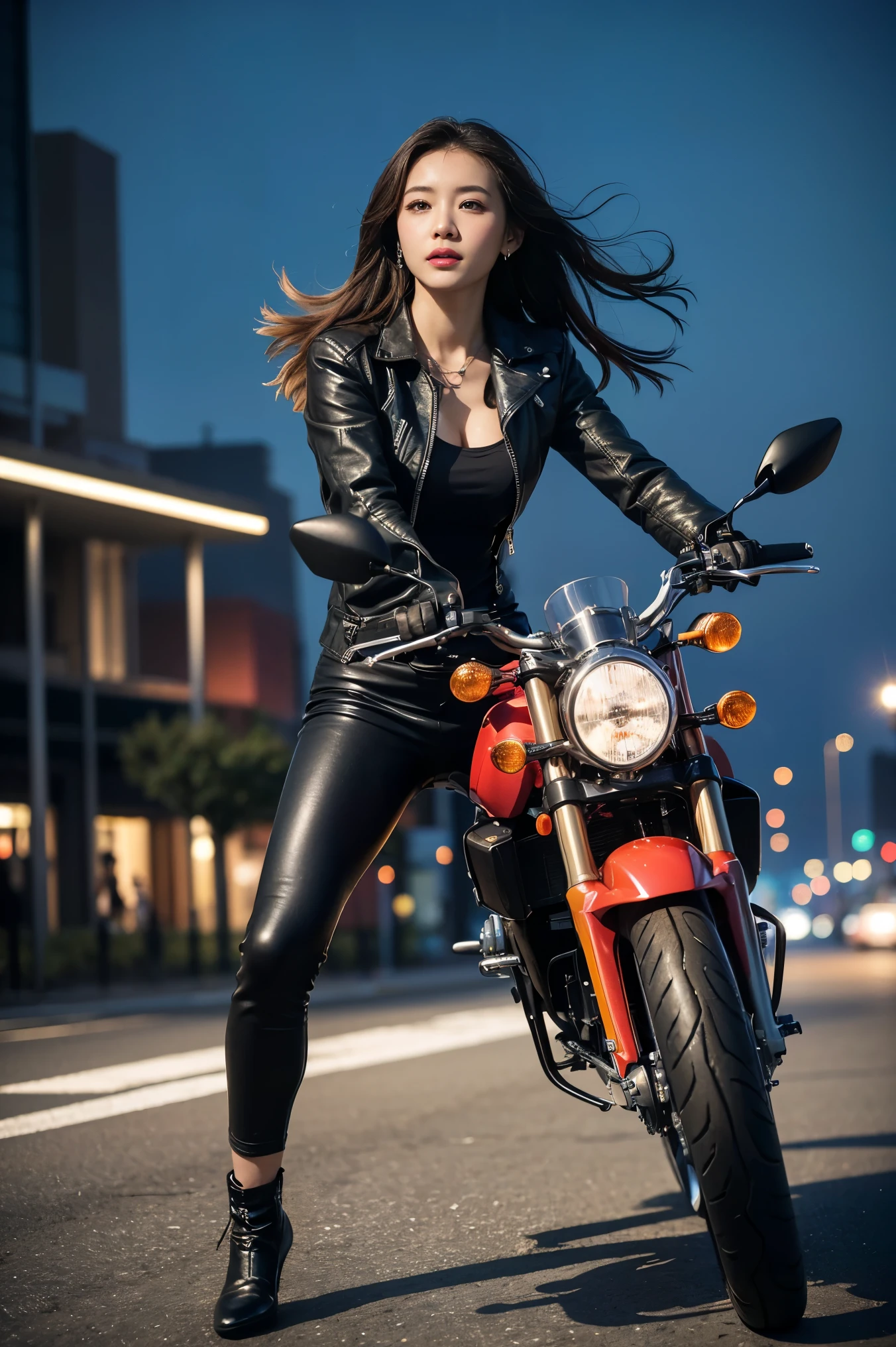 Generated in SFW, Maintain the golden ratio, (1 Female:1.37),  supermodel, (Riding on motorcycle:1.37), (I ride a Honda CBR400R..:1.37), (Accurate depiction of the motorcycle:1.37), Accurate 5-finger, cyberpunk night view, ((Night in the City:1.15)), (Above the knee shot:1.2),  (Beautiful Face:1.37), Accurate Face, (Black rider jacket:1.37), (The tight-fitting suit:1.21), (Leather slim pants:1.21)(highest quality:1.4), 32k resolution, (Realistic:1.5), (超Realistic:1.5), High resolution UHD, (masterpiece:1.2)), (Improvement of quality:1.4), (非常にBeautiful Faceの詳細), (highest qualityのリアルな質感の肌:1.4), (Perfect Anatomy:1.2), Anatomically correct limbs, Symmetrical eyes, Natural Makeup, ((A great eye for quality:1.2)), (tired, Sleepy and satisfied:0.0), (Beautiful Lips:1.33), (Great nose:1.2), (Slender body:1.2, Moderate Buff), (Slim lower body), Shiny Hair, brown hair dancing in the wind, (Long Hair:1.37), Complex shadows and light, Spot lighting,