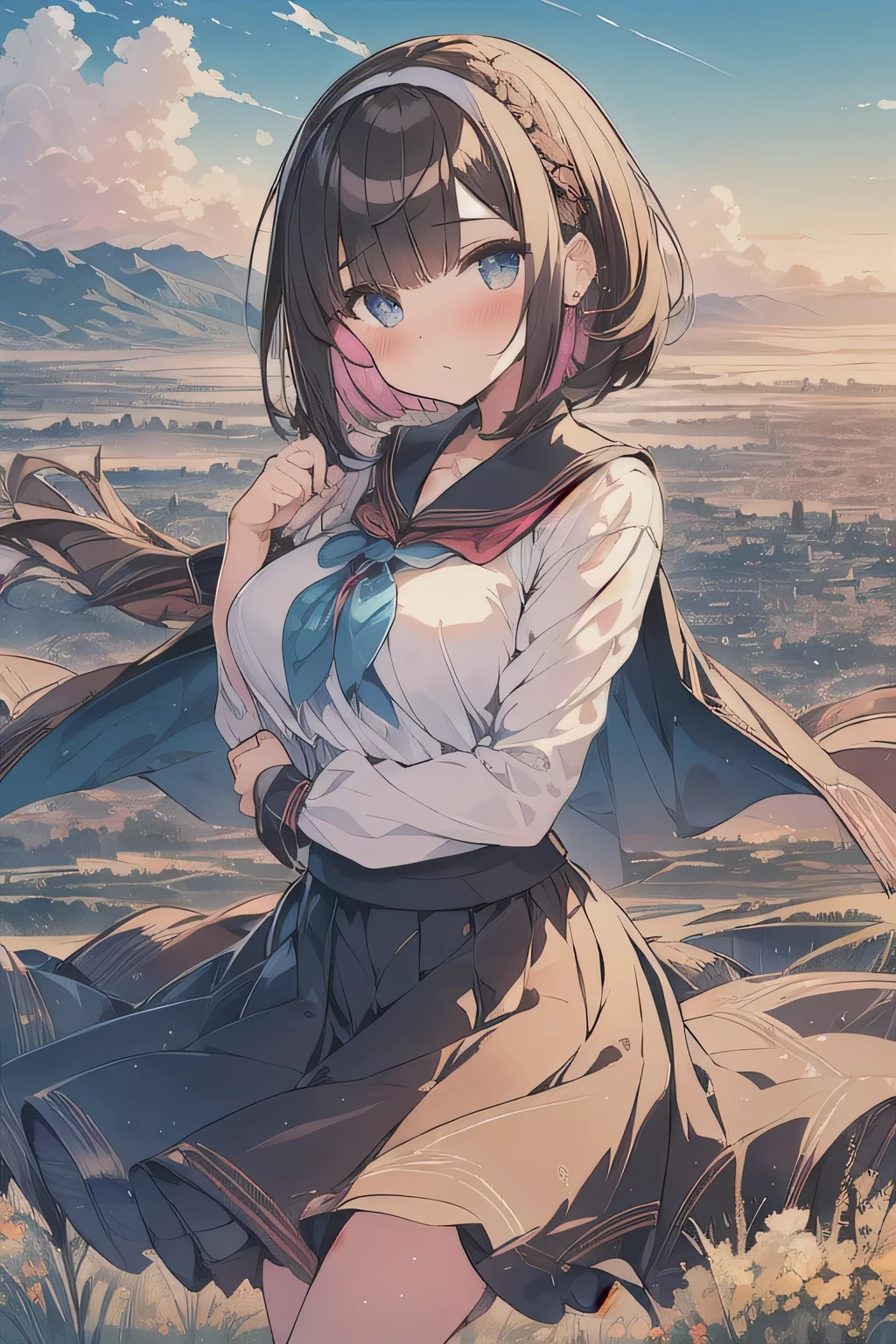 (best quality), (Super detailed), (Best Illustration), (masterpiece), (woman), upper body, (white serafuku), (large breasts), {(detailed eyes), blue eyes}, {brown hair, (sideburns), (bob cut:1.3), curly hair, hairs between eyes, colored inner hair}, blush, earring, hair band, (wind), beautiful sky, (panoramic view:1.4)