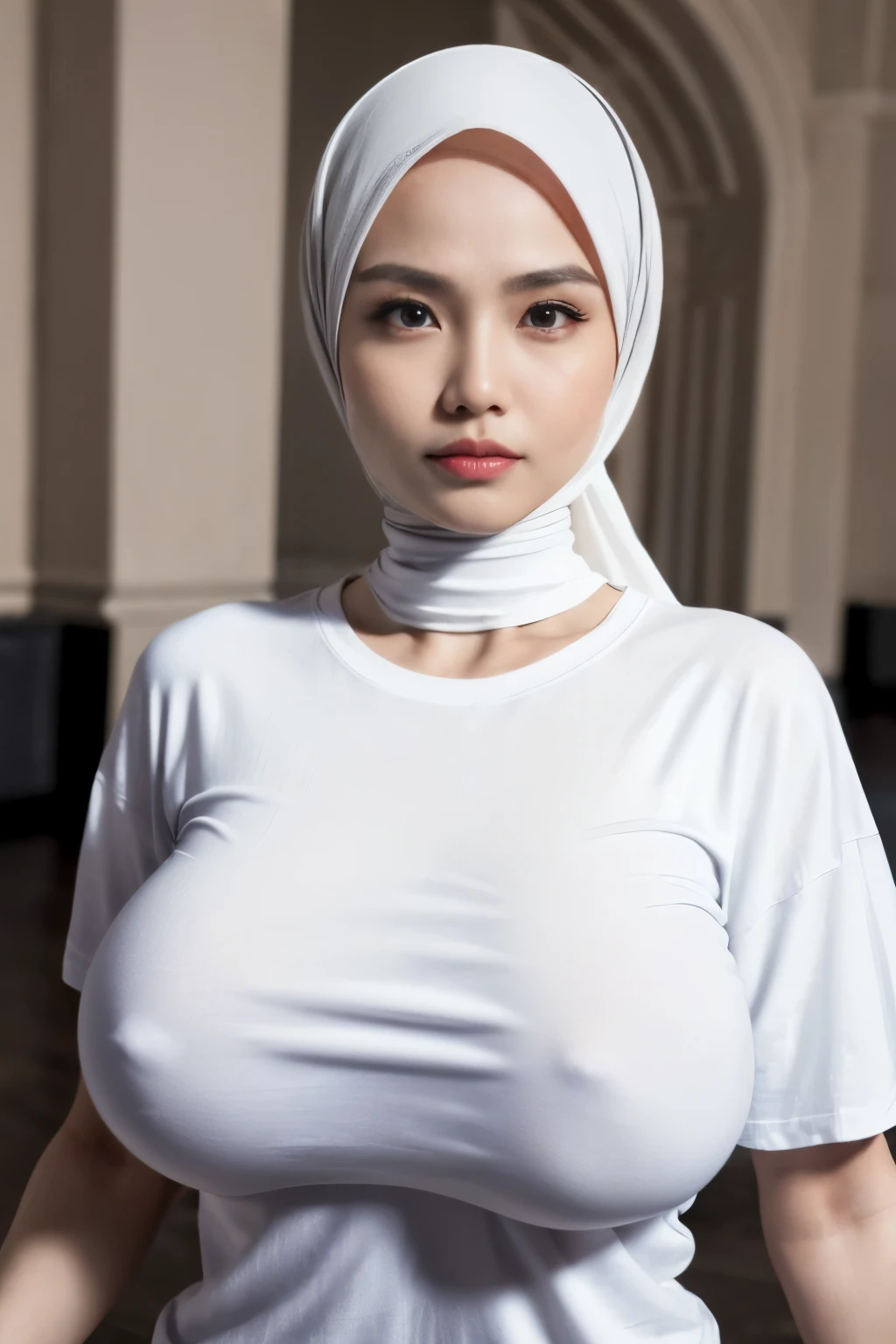 ((SHORT HIJAB)), ((Gigantic tits:1.5)), (dynamic photograph of a 58 year old Indonesian woman), (slim top, cotton panties), (straight non curly hair), (highly detailed face:1.4), (vascular muscles and abs:1.3), (background inside light, bright, private gym:1.1), (8k, uhd, dslr, high quality, cinematic lighting, bokeh), (dramatic, award winning photography, incredible masterpiece:1.3), (((sexy sultry stare at camera:0.8))), ((she is ready to dominate you:0.5)), ((beautiful feminine face)), add_detail:1, (((wearing huge white t-shirt ))), Giantess Concept