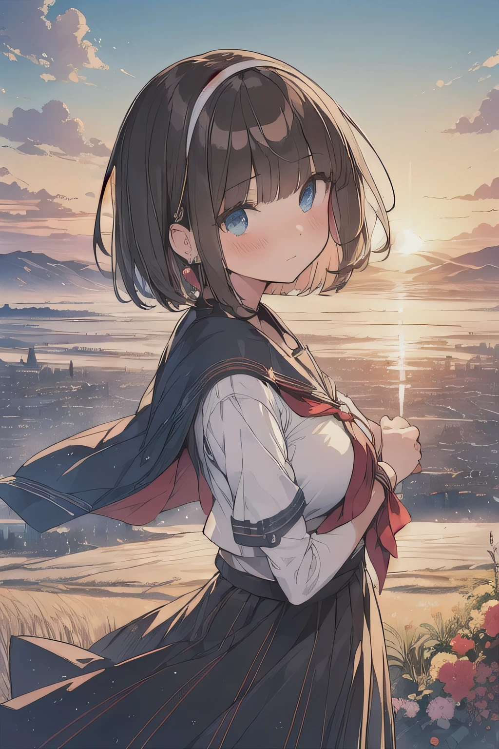(best quality), (Super detailed), (Best Illustration), (masterpiece), (woman), upper body, (white serafuku), (large breasts), {(detailed eyes), blue eyes}, {brown hair, (sideburns), (bob cut:1.3), curly hair, hairs between eyes, colored inner hair}, blush, earring, hair band, (wind), beautiful sky, (panoramic view:1.4)