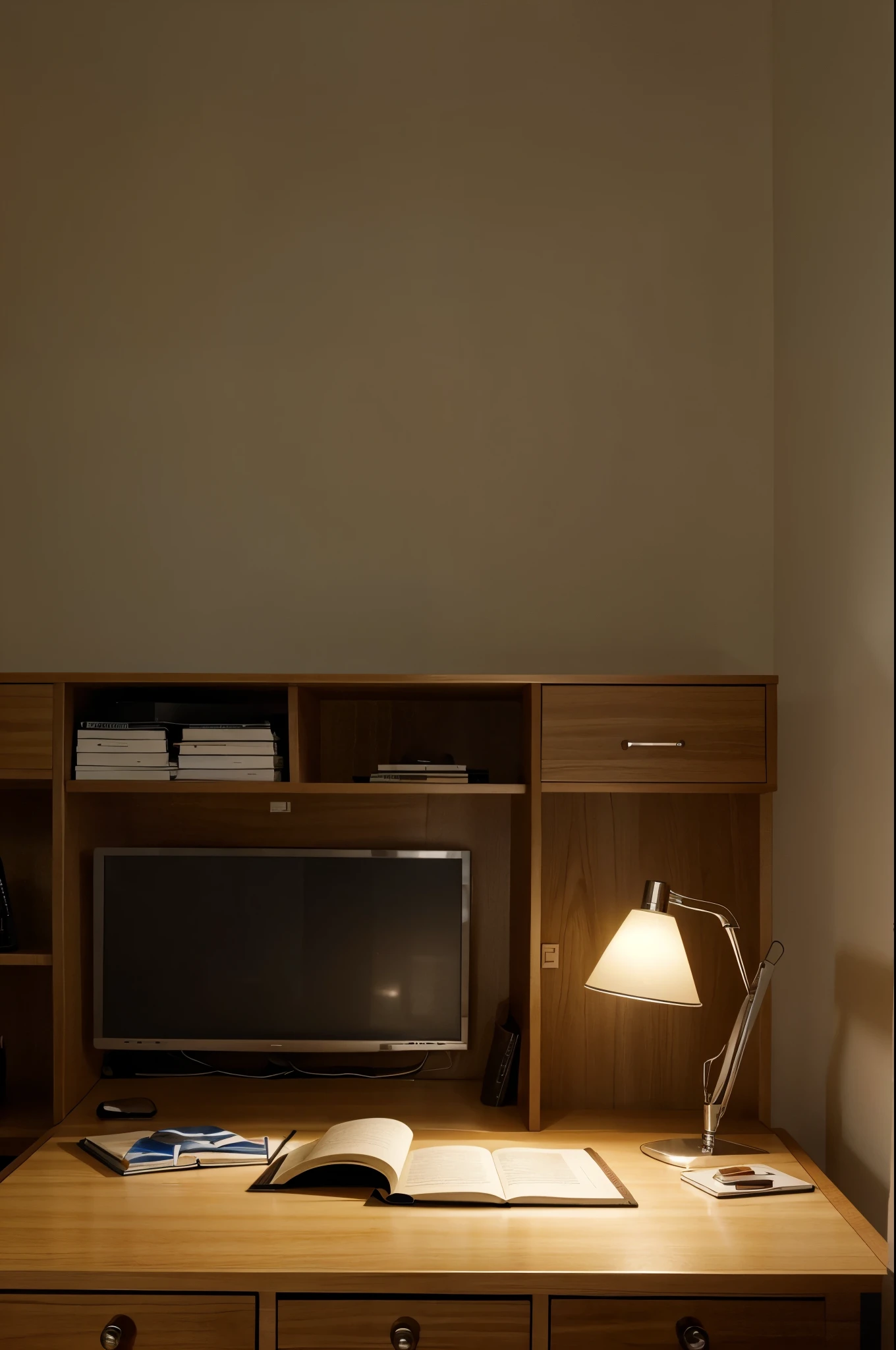 image of a study table that has a attached study lamp on the upper left side of the table. has a built in stationary compartment in the middle of the table, and built in timer on the lower right part of the table