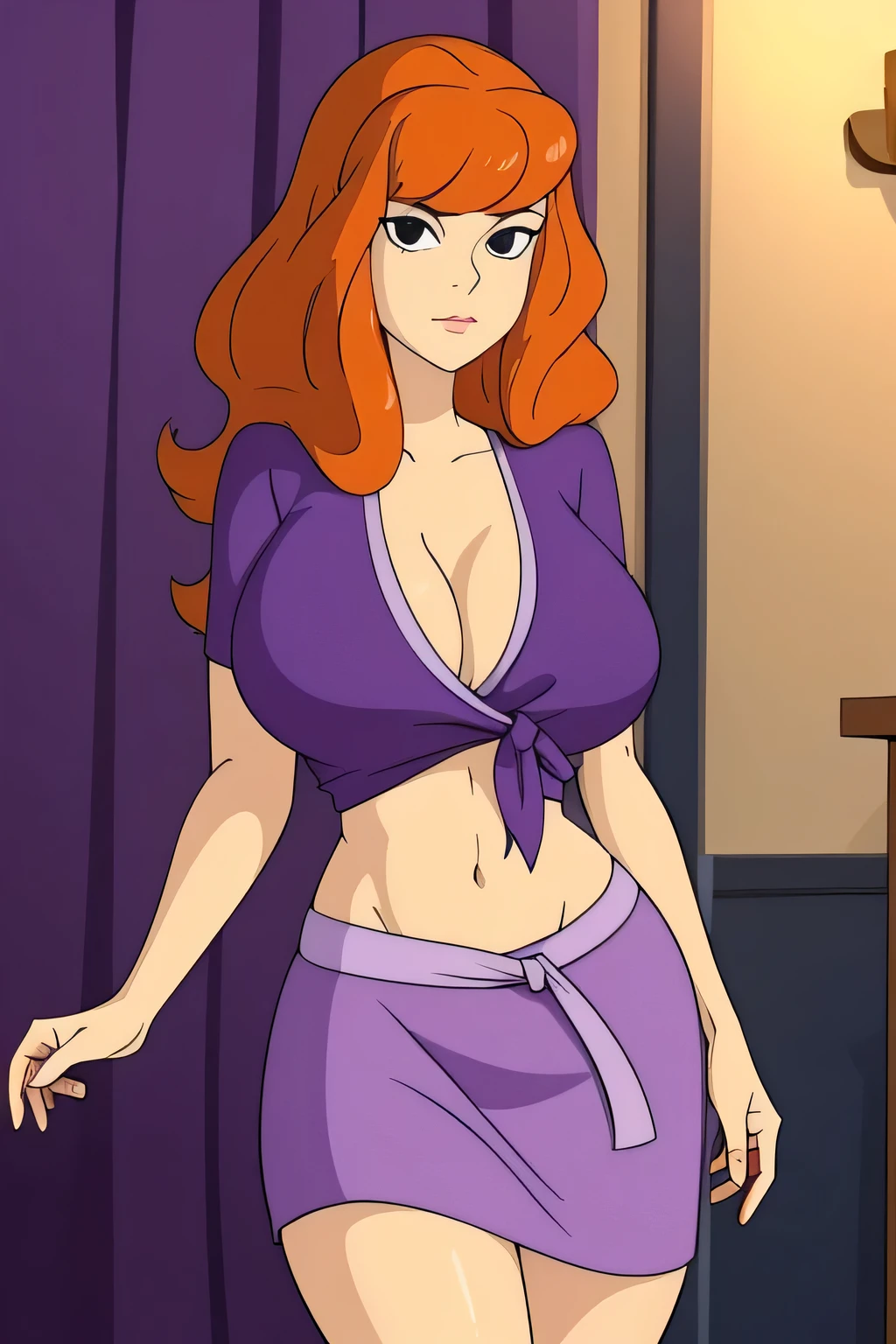 A tall beautiful girl with big breasts, long straight wavy orange hair, her black eye, wears a purple blouse tied in a knot, shows her navel and a long lavender skirt wearing flip flops. 