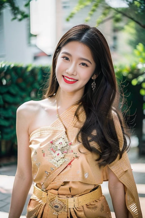 detailed face, Clear face, beautiful girl, Asian makeup, red lips, smile, brown hair, crown, half body, big breasts, Thai angel costume, Luxurious sash, hundreds of millions of diamonds Vintage Thai style, ancient, Medium sexy dress, red red dress, high resolution, Random pose, evening light, flower garden background.