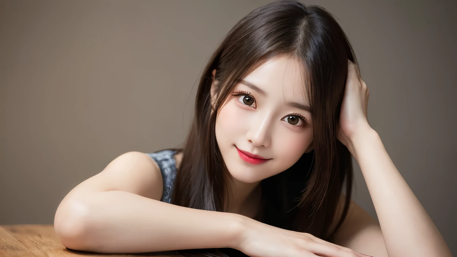 on the table, best quality, shape, Super detailed, Finely, high resolution, 8k wallpaper, 完璧なダイナミックな構shape, Beautiful and delicate eyes, Medium Length Hair, Small Breasts, Natural lipstick, Casual sexy pose,Smile,20 year old girl、midnight、Beautiful and detailed face、Perfect beautiful face,big eyes、original photo、Use the whole body to express female posture、Beautiful and delicate eyes、Small face、Beautiful duplex、Facelift and style,skirt、Beautiful golden ratio face,Long hair