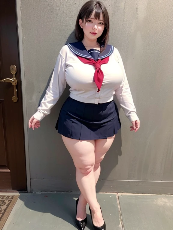 Big Breasts, Big Hips, Full Body Shot, Mature mother, Voluptuous thighs, A cow, Seductive mature woman, Perfect body, Plus Size Model, Sailor suit, Wearing high heels,