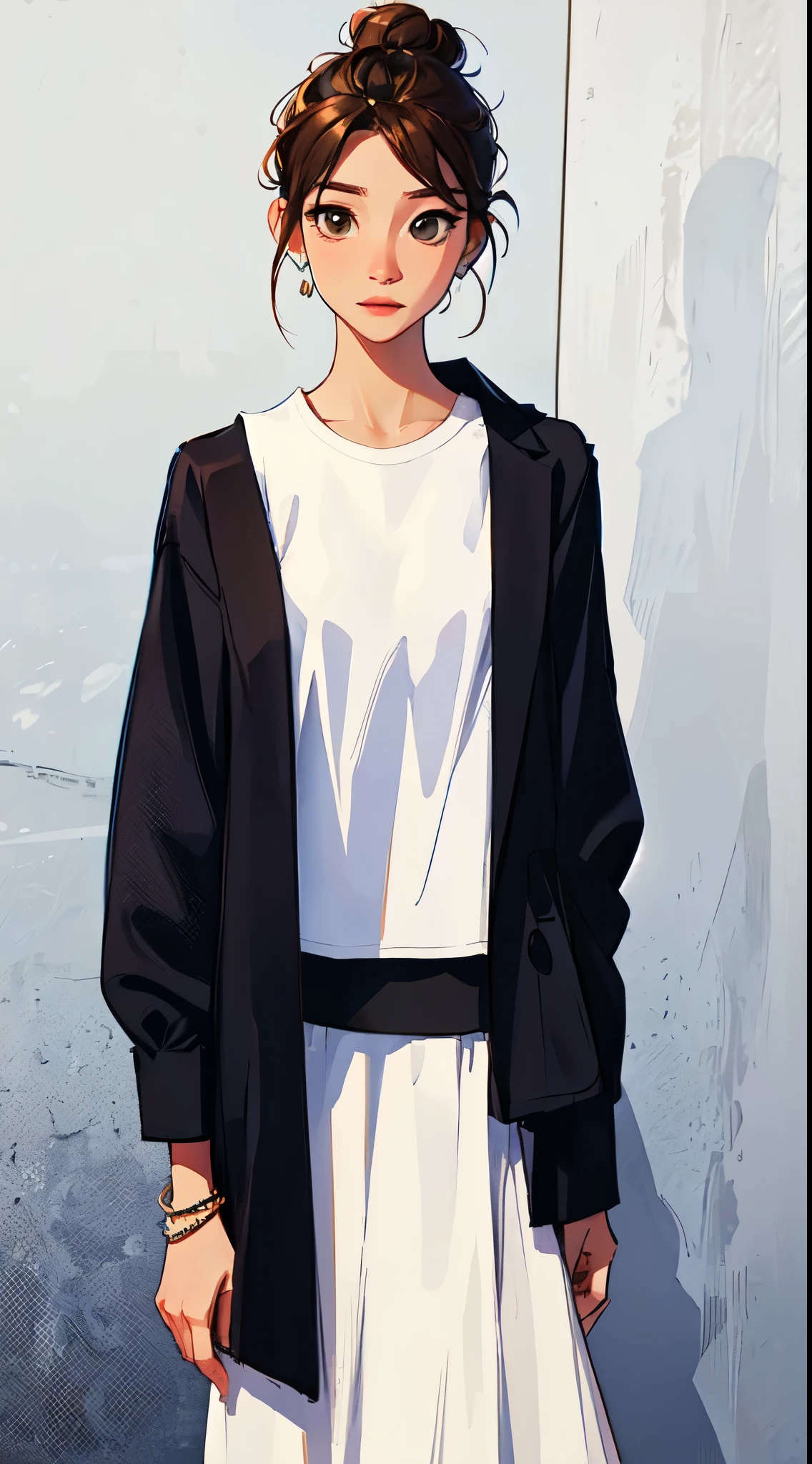 Ambiguity and elegance, Model, Need high contrast, jewelry, earrings, miniskirt, shirt, jacket, Brown hair, White shirt, A bracelet, Hair Bun, single Hair Bun, Long skirt, Shut up, 环形earrings, blue jacket, Roll up your sleeves, Revealing clothes, cosmetic, White skirt