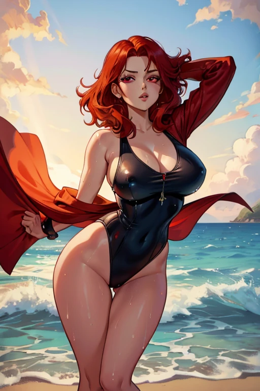 A red haired woman with red eyes with an hourglass figure in a cute one piece swimsuit is dripping wet in the waves a yhe beach