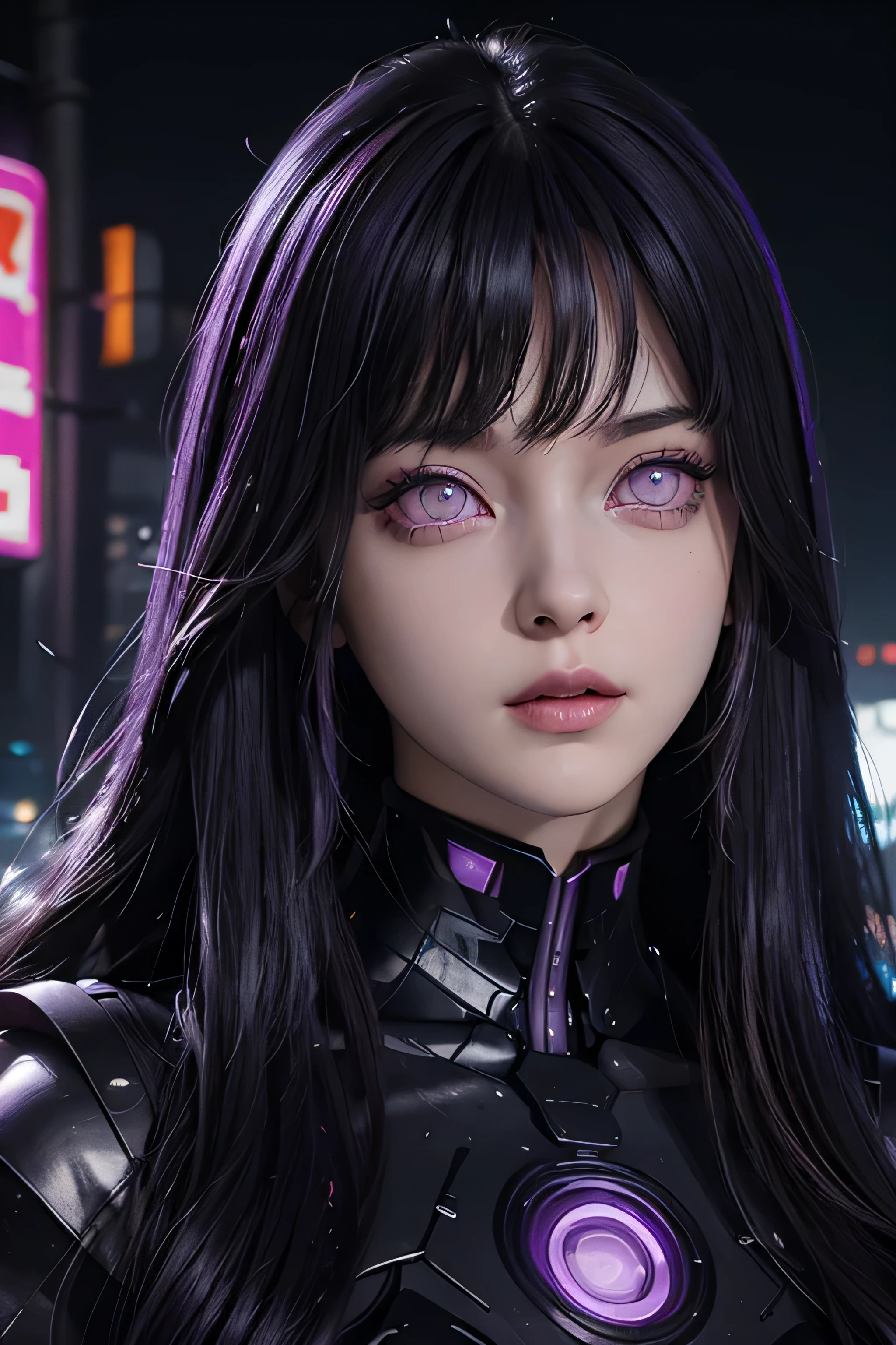 One female , bright purple eyes , "pupils glowing purple" , black hair , blonde highlights" , very_long_hair , big_breasts , perfect figure , detailed face , masterpiece , best quality , ultra detailed , (detailed background) , perfect shading , high contrast , best illumination , extremely detailed , ray tracing , realistic lighting effects , neon noir illustration , cyberpunk background 