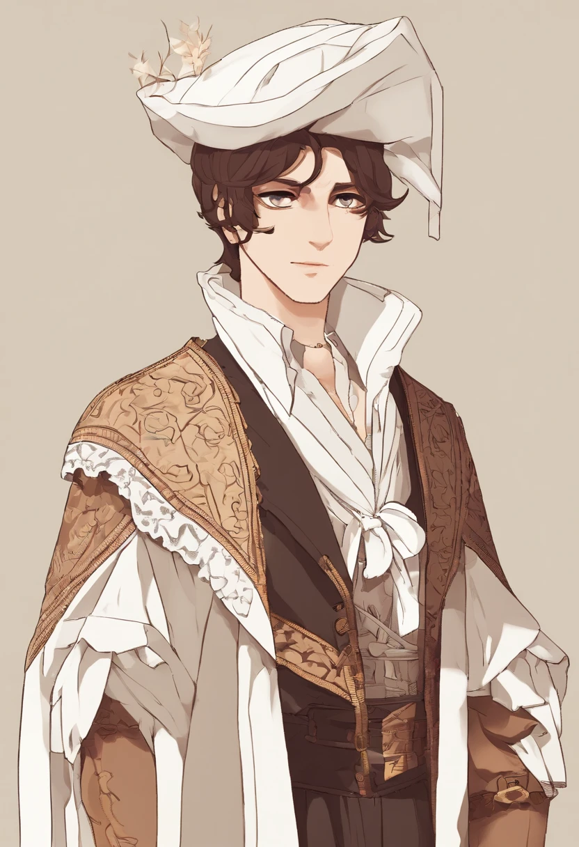Ancient European aristocratic outfit.,A young man,Show,Noble boy,white panties,Deerskin ankle boots,with short brown hair,Sepia student,White background,delicate facial features