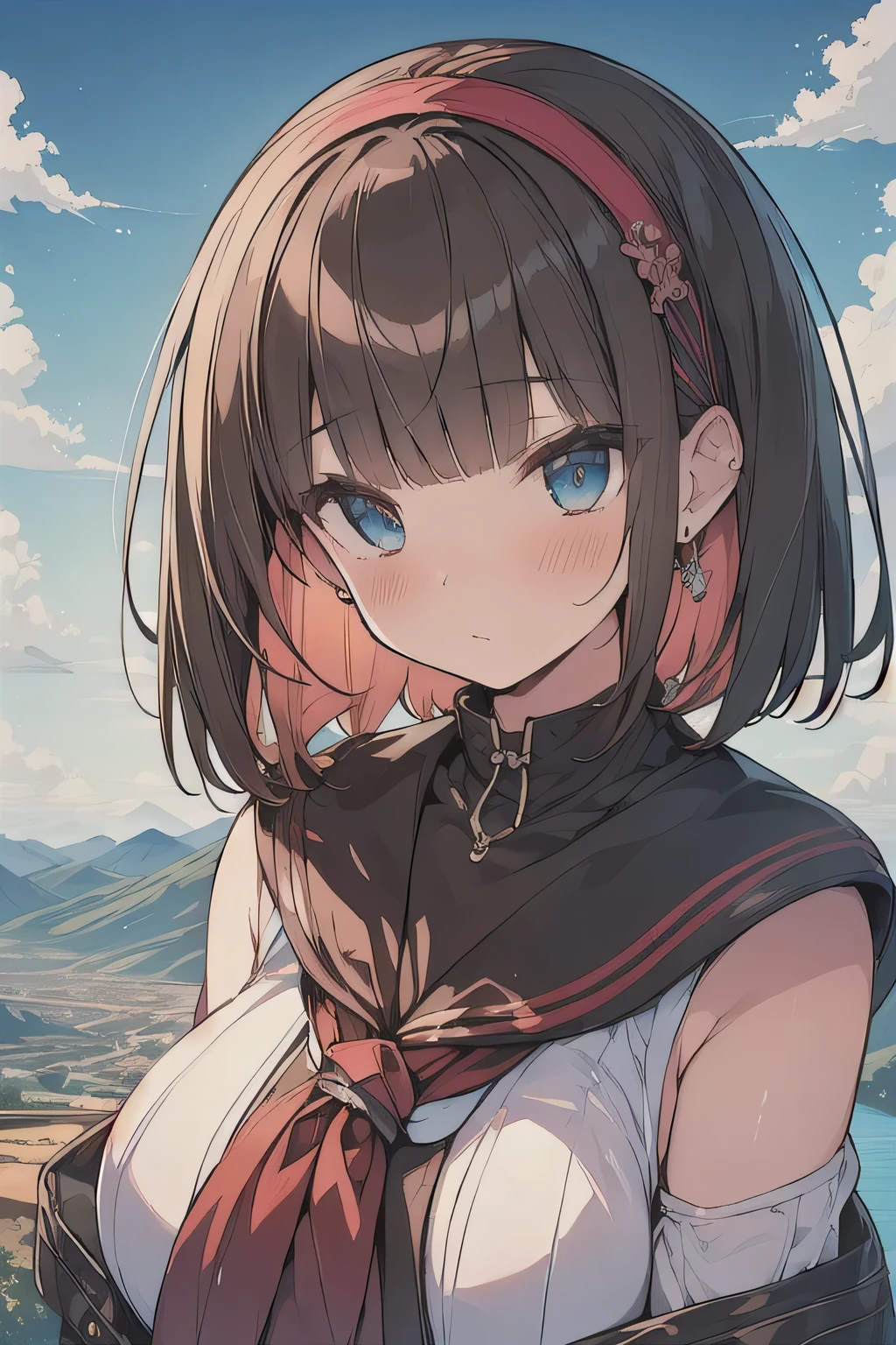 (best quality), (Super detailed), (Best Illustration), (masterpiece), (woman), High Contrast, upper body, (white serafuku), (large breasts), {(detailed eyes), blue eyes}, {brown hair, (sideburns), (bob cut:1.3), curly hair, hairs between eyes, colored inner hair}, blush, earring, hair band, (wind), beautiful sky, (panoramic view:1.4)