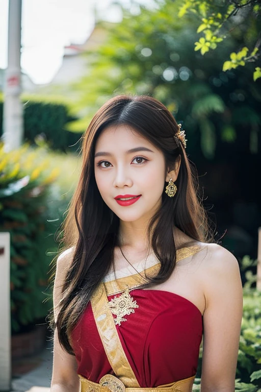 detailed face, Clear face, beautiful girl, Asian makeup, red lips, smile, brown hair, crown, half body, big breasts, Thai angel costume, Vintage Thai style, ancient, Medium sexy dress, red red dress, high resolution, Random pose, evening light, flower garden background.