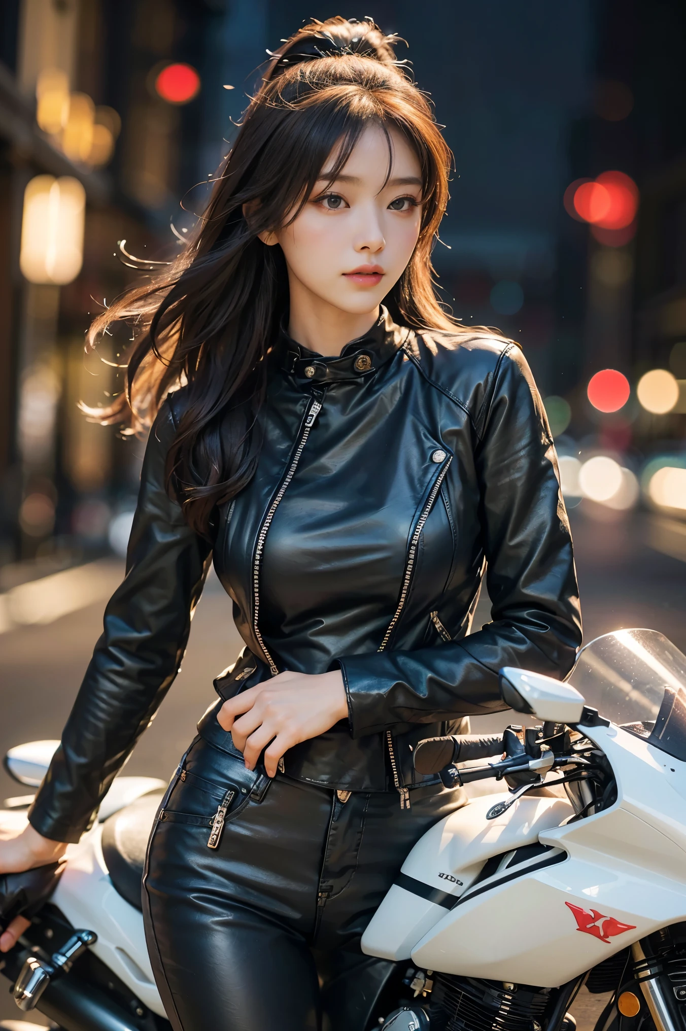 Generated in SFW, Maintain the golden ratio, (1 Female:1.37), 17 year old supermodel, (Riding on motorcycle:1.37), (I ride a Honda CBR400R..:1.37), (Accurate depiction of the motorcycle:1.37), Accurate 5-finger, cyberpunk night view, ((Night in the City:1.15)), (Above the knee shot:1.2), (Beautiful Face:1.37), Accurate Face, (Black rider jacket:1.37), (The tight-fitting suit:1.21), (Leather slim pants:1.21)(highest quality:1.4), 32k resolution, (Realistic:1.5), (超Realistic:1.5), High resolution UHD, (masterpiece:1.2)), (Improvement of quality:1.4), (非常にBeautiful Faceの詳細), (highest qualityのリアルな質感の肌:1.4), (Perfect Anatomy:1.2), Anatomically correct limbs, Symmetrical eyes, Natural Makeup, ((A great eye for quality:1.2)), (tired, Sleepy and satisfied:0.0), (Beautiful Lips:1.33), (Great nose:1.2), (Slender body:1.2, Moderate Buff), (Slim lower body), Shiny Hair, brown hair dancing in the wind, (Long Hair:1.37), Complex shadows and light, Spot lighting,
