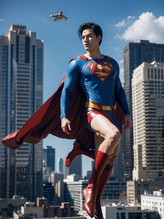 floating superman above buildings, full body shot, detailed foot, detailed head , details face, ultra detail , photorealistic , epic reality