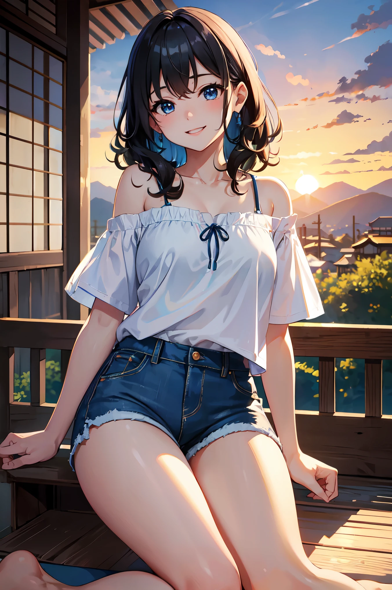 CG, Unity, 8k, wallpaper, highest quality,sunlight、Perfect lighting、 masterpiece, haruka amami, (smile: 1.2), 1 high school girl、Black Hair、Curly Hair、Blue Eyes、Dense lips、Light blue T-shirt、Off the shoulder、 BREAK denim shorts, barefoot, Thighs, Best lighting, Complex pupil, Complex weaving, Detailed Background, Japanese countryside, evening、Sunset