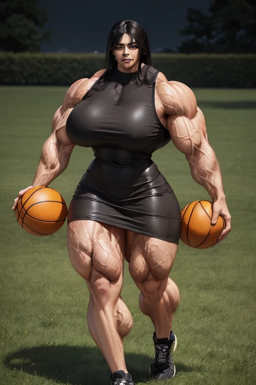 (((((Massive, tall, beautiful, light brown skinned, buff, muscular woman with jet black hair, black lipstick, ginormous bulky muscles, walking on grass and wearing a leather yellow basketball Jersey dress))))), (close view), (massive muscle), massive biceps, hyper muscle shoulders, vascular shoulders, hyper muscle triceps, (straight long hair), orange eyes, (wristbands), choker, sneakers, (in a outdoors park), confident smile, night, hyper vascular arm, hyper muscles arms, hyper muscle legs, massive arms.