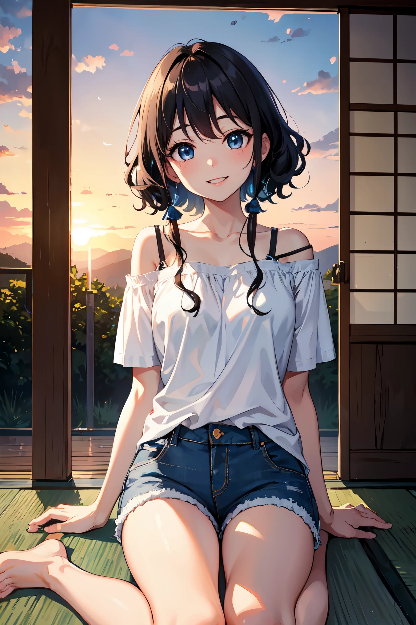 CG, Unity, 8K, wallpaper, Highest quality,sunlight、 masterpiece, Amami Haruka, (smile: 1.2), 1 high school girl、Black Hair、Curly Hair、blue eyes、Thick lips、Black Knit、Off the shoulder、 BREAK Denim Shorts, barefoot, Thighs, Best lighting, Complex pupil, Intricate weaving, , Japanese countryside,Pool、evening、sunset