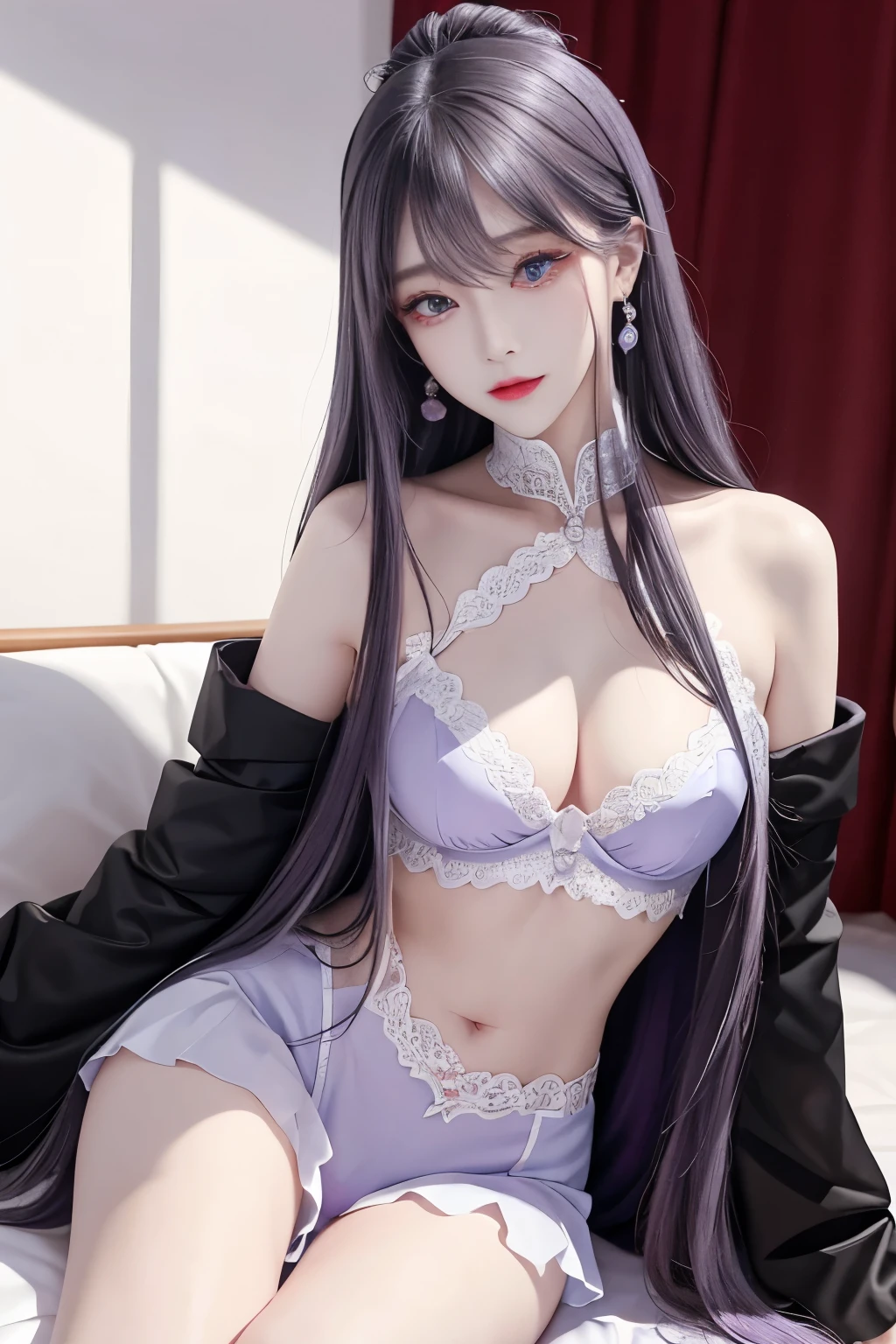 Top image quality、Raw photography、A high resolution、20-year-old cool Korean、big round chest、thin silk coat、lace underwear、Beautiful Eyes of Details、very elongated eyes、Beautiful eyelashes、Beautiful double eyelids、eyeshadows、 wearing super tight mini boxers,long legs,medium thighs, beautiful eyes finely detailed、elongated eyes、long eyeslashes、Beautiful double eyelids、eyeshadows、earrings、shiny white skin、 red, black, purple, violet, pink, yellow, white, blue, cyan, chuppy body,