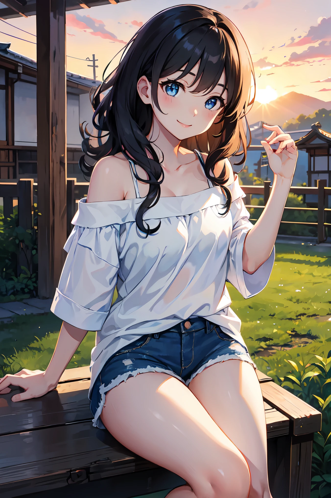 CG, Unity, 8k, wallpaper, highest quality,sunlight、Perfect lighting、 masterpiece, haruka amami, (smile: 1.2), 1 high school girl、Black Hair、Curly Hair、Blue Eyes、Dense lips、Light blue T-shirt、Off the shoulder、 BREAK denim shorts, barefoot, Thighs, Best lighting, Complex pupil, Complex weaving, Detailed Background, Japanese countryside, evening、Sunset