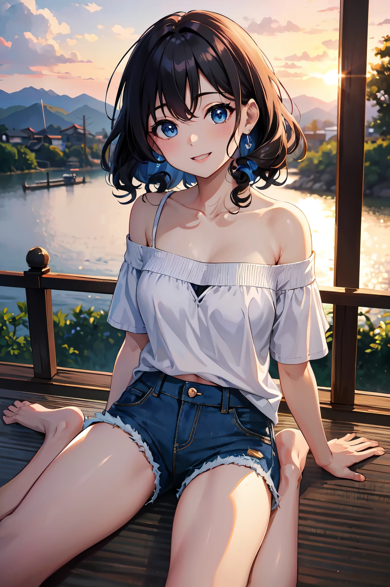 CG, Unity, 8k, wallpaper, highest quality,sunlight、Perfect lighting、 masterpiece, haruka amami, (smile: 1.2), 1 high school girl、Black Hair、Curly Hair、Blue Eyes、Dense lips、Light blue T-shirt、Off the shoulder、 BREAK denim shorts, barefoot, Thighs, Best lighting, Complex pupil, Complex weaving, Detailed Background, Japanese countryside, evening、Sunset