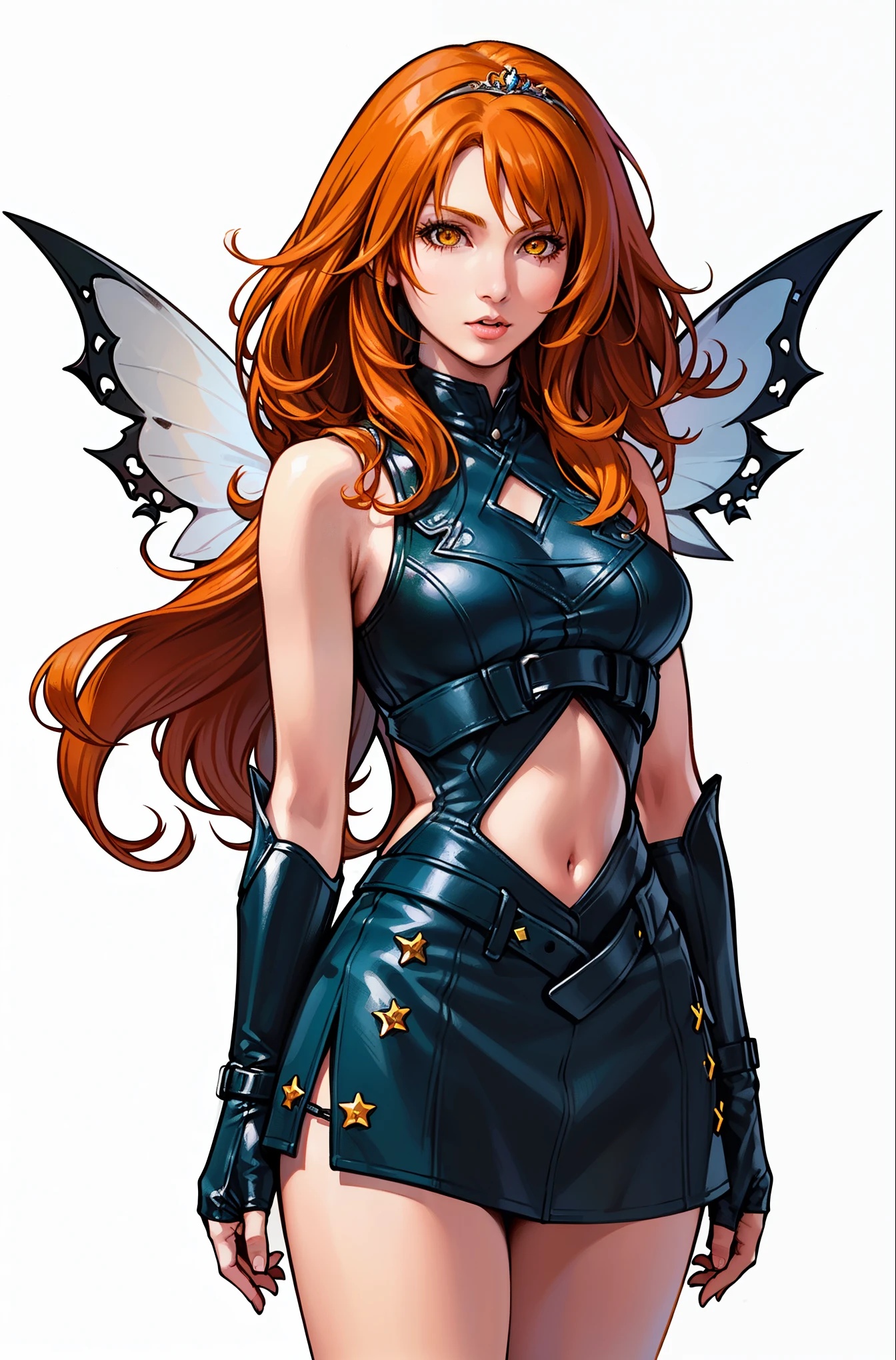 (Bloom), (orange hair, yellow eyes, bangs, long hair), (fairy outfit), (black croptop, sleeveless, black skirt, sparkling clothing, fairy wings, tiara), (white background, plain background, solid color background:1.5),(realistic:1.2), (masterpiece:1.2), (full-body-shot:1),(Cowboy-shot:1.2), neon lighting, dark romantic lighting, (highly detailed:1.2),(detailed face:1.2), (gradients), colorful, detailed eyes, (detailed landscape:1.2), (natural lighting:1.2), (dynamic pose:1.2), (solo, one person, 1girl:1.5) Tetsuya nomura