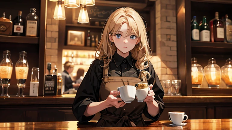 masterpiece, best quality, insanely detailed, beautiful, european, american, Heartwarming Scene, cafe, bar, Female Barista