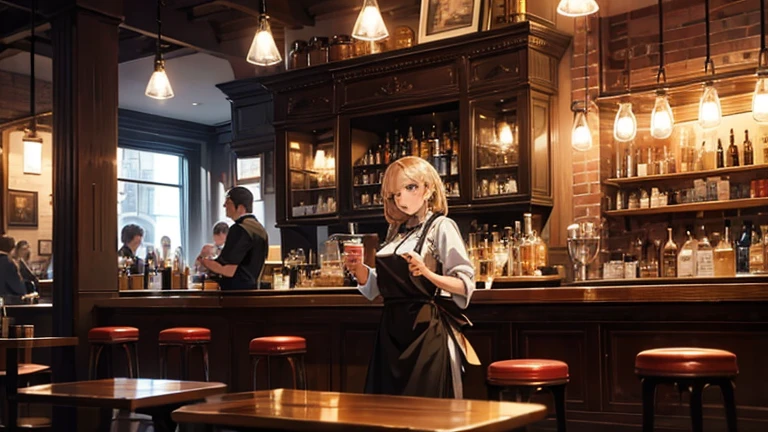 masterpiece, best quality, insanely detailed, beautiful, european, american, Heartwarming Scene, cafe, bar, Female Barista