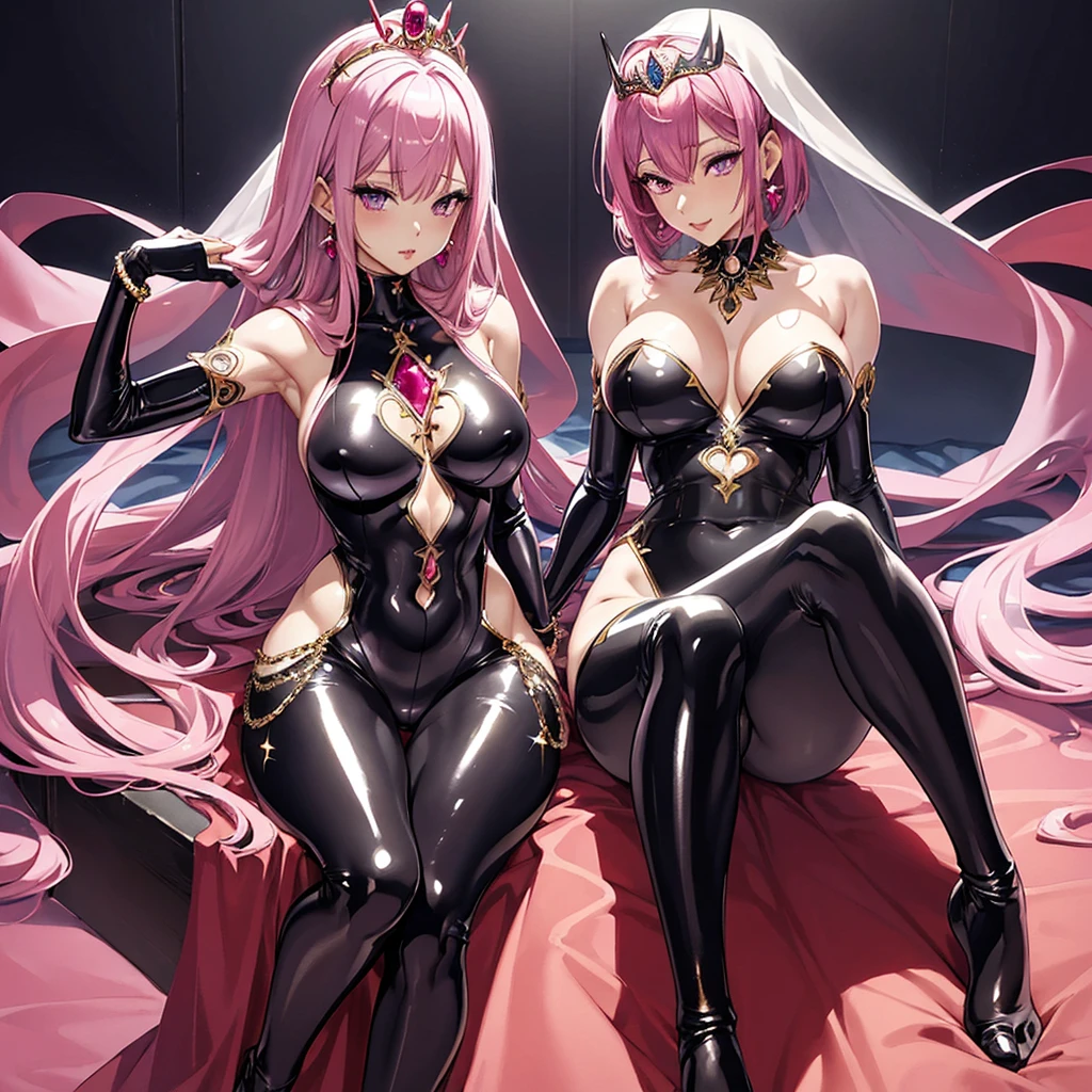 ((female1people))、((highest quality)), ((masterpiece)), (detailed), Perfect Face、Momo Belia Deviluke、Pink Hair, Purple eyes, short hair,jewelled tiara、femaleは性処理をする、Earrings、Red lipstick、An iron collar with a large red jewel、A luxurious veil、 ((Black shiny zentai)),The tights are tight to the body 、Gold embroidery on full body tights、Huge breasts、Bracelet、jewelled waist chain、Wear beautiful jewelry、(Latex suit covering the whole body in black)、black shiny gloves、Black shiny boots、Bedroom、((femaleは男にフェラチオをする))、(femaleは男のチンコにフェラチオを嬉しそうにする)、The man's dick is huge and erect、A man is having his erect penis given a blowjob、大きなチンコにfemaleはフェラチオする、((The man pulls out his dick))、femaleは男に寄り添う