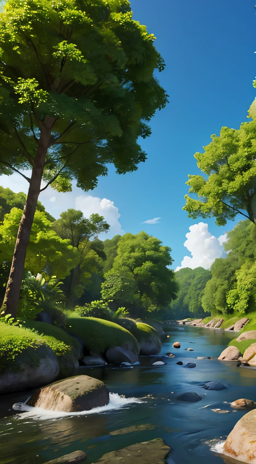 No human, river, stone,middle of tropical forest,big clouds beautiful sky, masterpiece,UHD, hd detailed