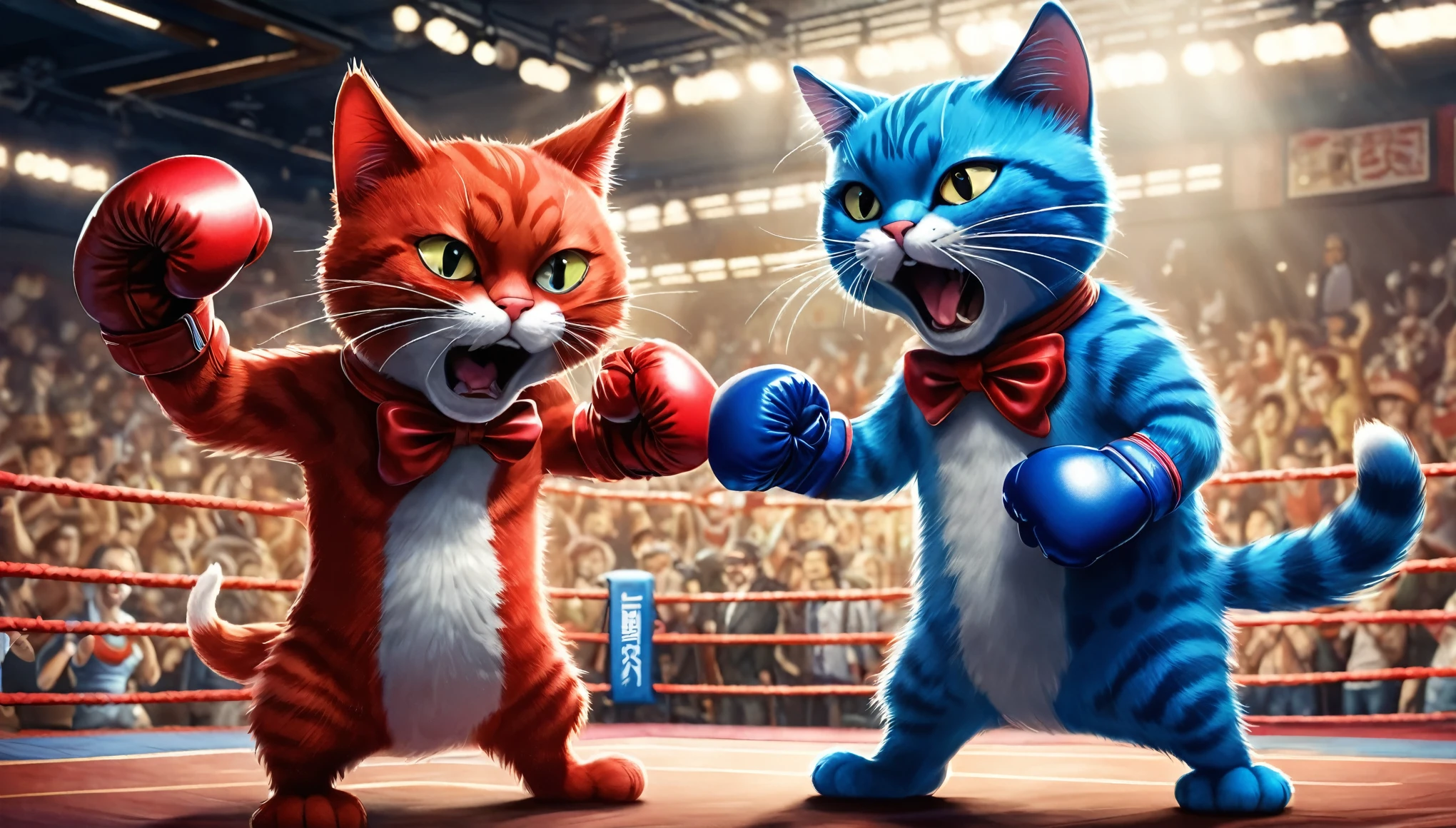 A lively illustration of an intense boxing match between two cats. One cat, wearing red boxing gloves, is landing a powerful punch on the other cat, wearing blue boxing gloves. Both cats have expressive faces, with the red cat showing determination and the blue cat displaying a mix of surprise and determination. The background is a boxing ring with ropes, a referee, and a crowd of anthropomorphic cats cheering and holding up signs. The atmosphere is playful and competitive, with a sense of friendly rivalry.