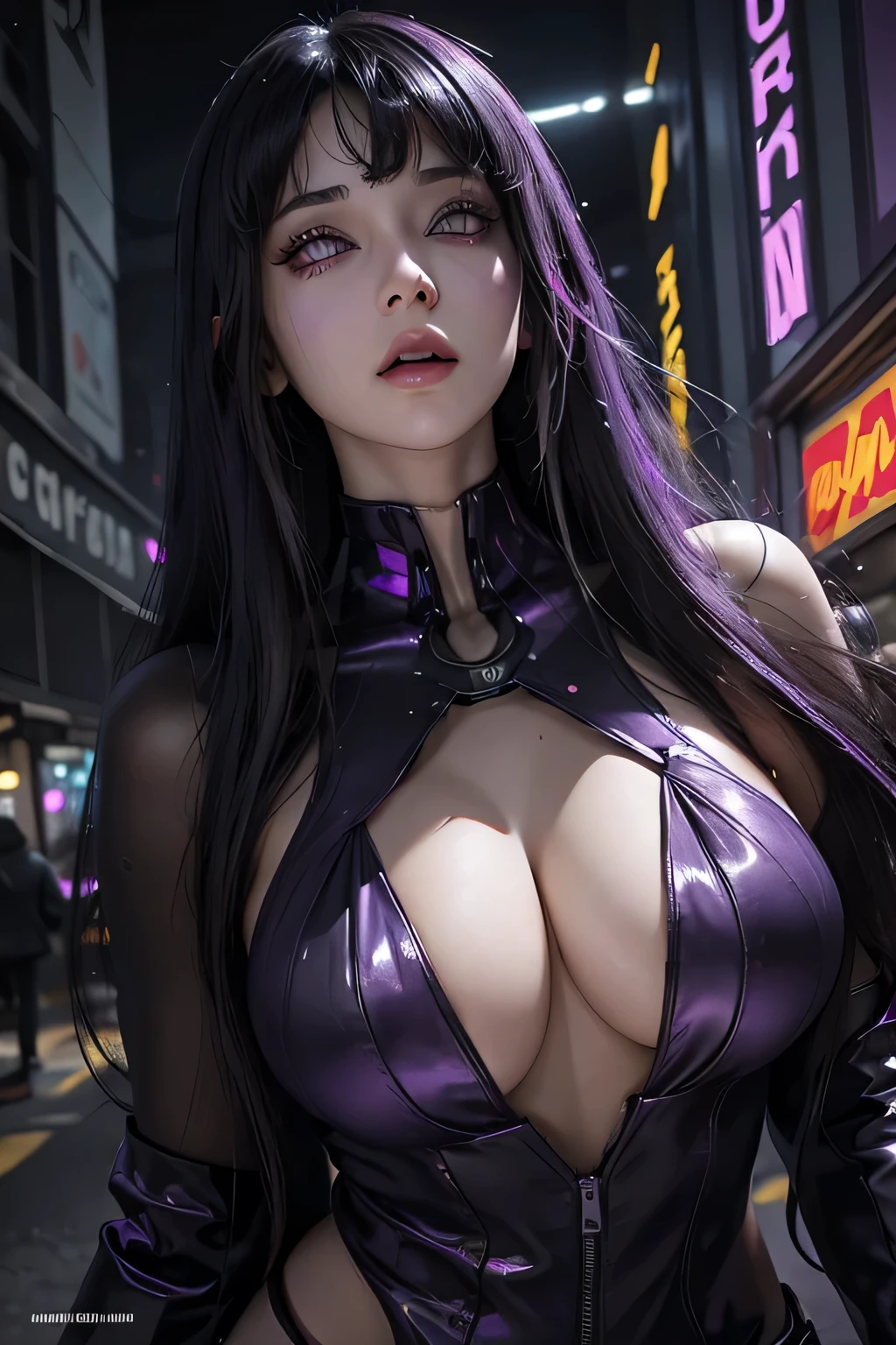 One female , bright purple eyes , "pupils glowing purple" , black hair , blonde highlights" , very_long_hair , big_breasts , perfect figure , detailed face , masterpiece , best quality , ultra detailed , (detailed background) , perfect shading , high contrast , best illumination , extremely detailed , ray tracing , realistic lighting effects , neon noir illustration , cyberpunk background