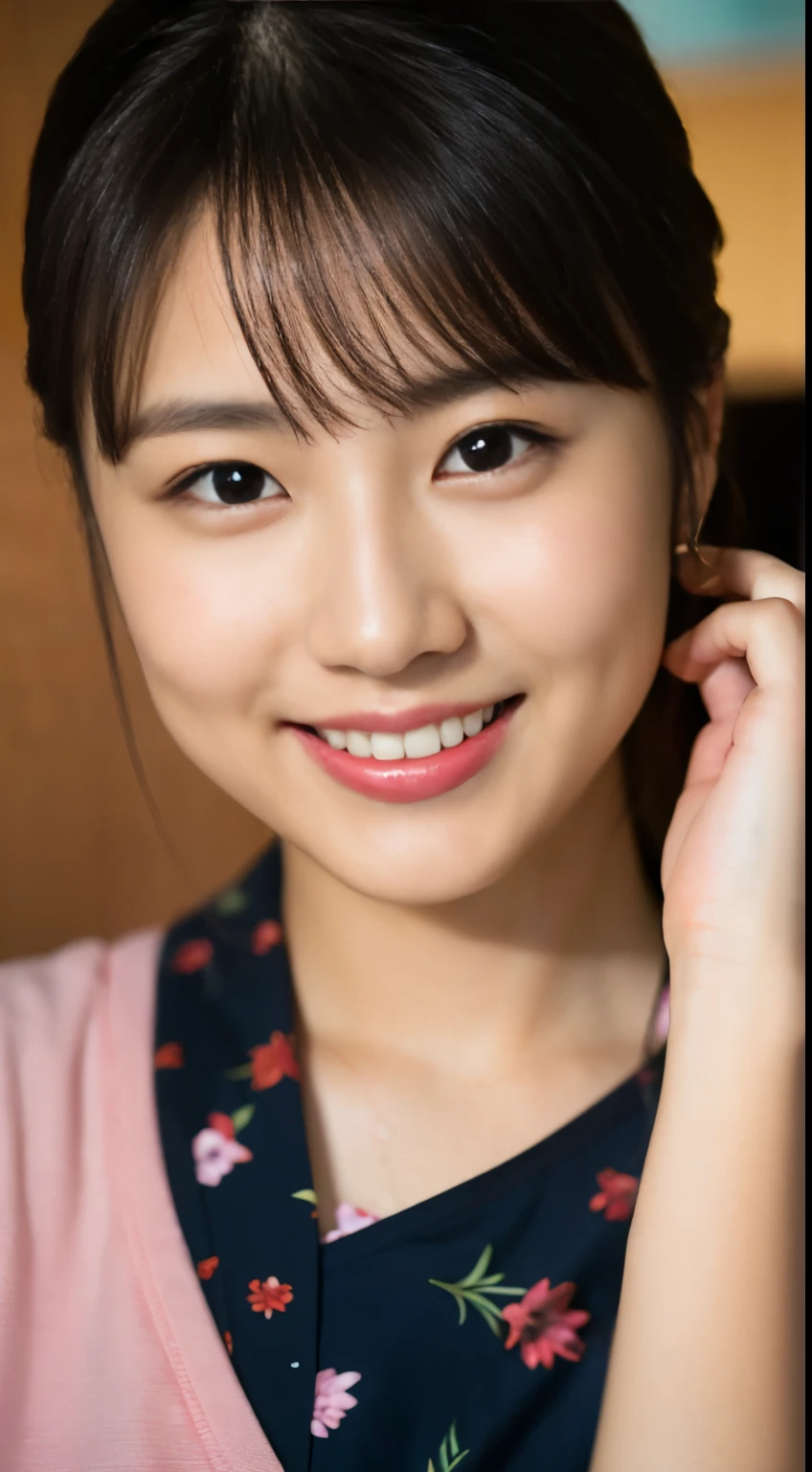Close-up, masterpiece, highest quality, Complete Anatomy、Raw photo, Photorealistic、(Cute face:1.5)、(Very cute smile:1.5)、(Round face:1.6)、(Very cute face like an idol), Black-haired、Depth of written boundary, High resolution, Ultra-detailed, Highly detailed eyes and face, Realistic students, Sharp focus, Cinema Lighting、(Clothing that emphasizes the bulge of the chest:1.3)、19-year-old female、One Woman、 short hair、  of Japan girls' high school、Highly detailed 8K wallpapers、Checkered Pleated Skirt、(Lift up the hem of your skirt with both hands、show panties to camera）、(whole body:1.4)、standing、Angle from below、(太もものClose-up:1.2)、narrow、Depth of written boundary、Background blur