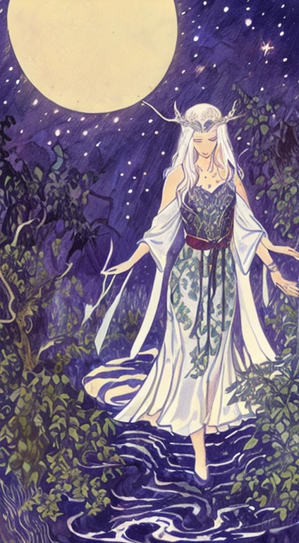Mystical Tarot card, depicting "Enchantress," Powerful sorceress, standing by a moonlit lake, surrounded by weeping willows, casting a spell with glowing runes, fog rises from the water, an owl sat on her shoulder, evoking a sense of ancient magic and mystery, illustration, watercolor on paper