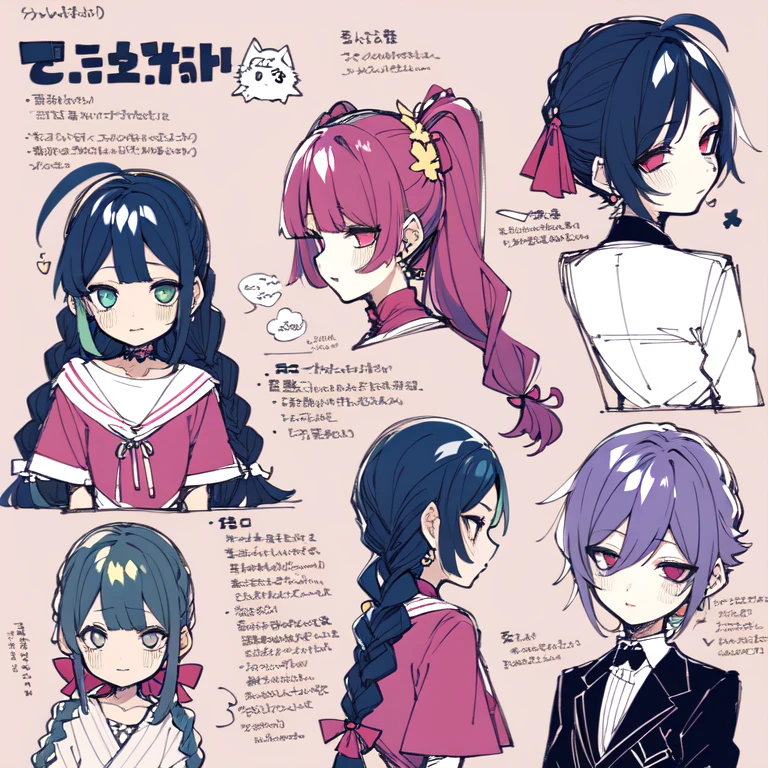 (Character Design Sheet, same character, front, Side, back), 2D anime style, anime mo art style, asexual, Pink hair, long bangs, Thin twisted braid, golden eyes, Brilliant eyes, no clothes, Black limbs, cute art style, иллюстрация anime style, Anime girl, from Kamagurka, in pixiv, pixiv style, pixiv, anime style, anime art style, whole body commission