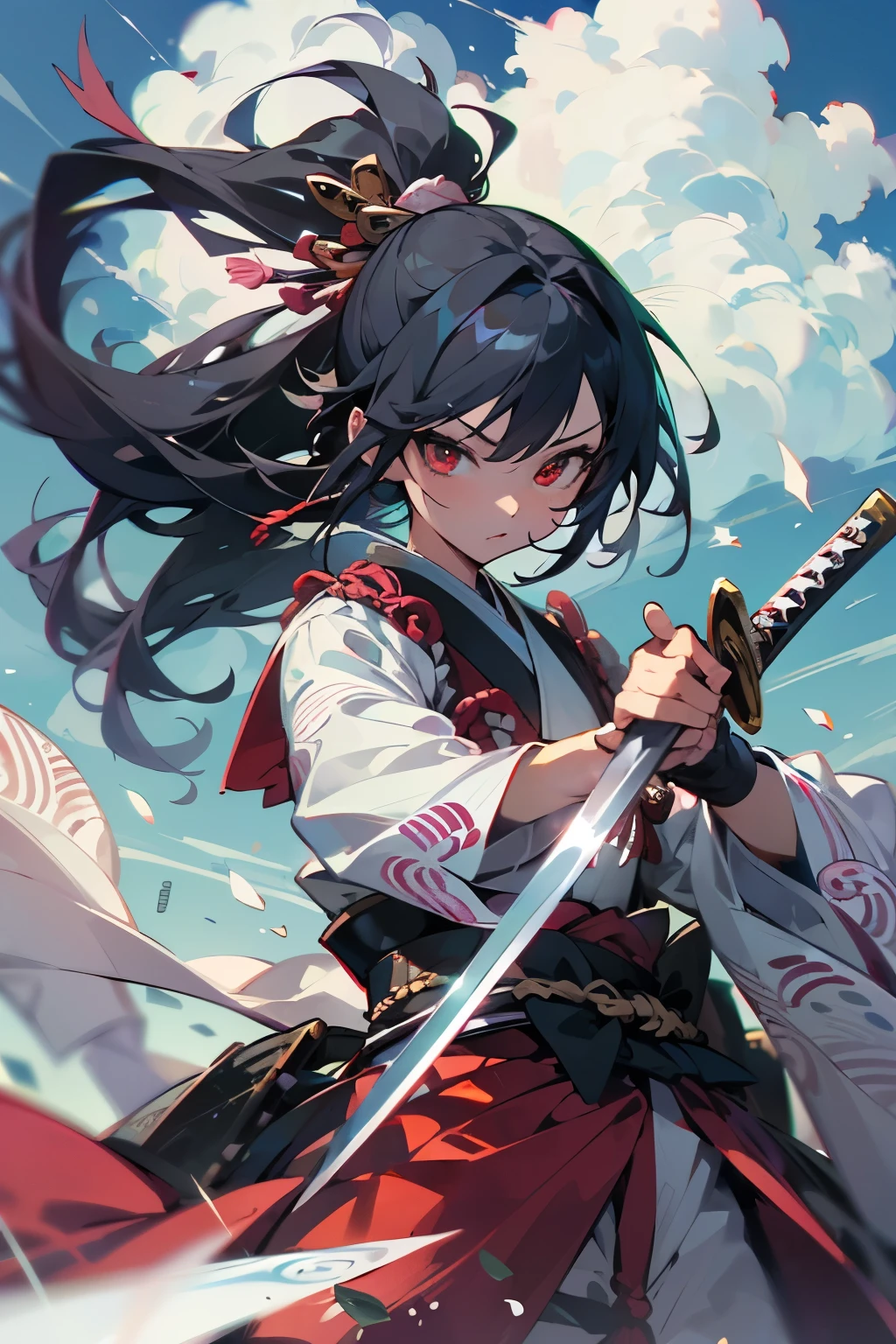 (Anime character wearing a dress with Japanese armor),( has a sword in his left arm), One Girl, (Female anime samurai warrior fighting with sword on blue background with clouds),(Deep scarlet eyes), alone,kimono. ponytail, (kimono),Have a weapon, ((Holding a samurai sword)), Long black hair, Red ribbon,(Dynamic Action)