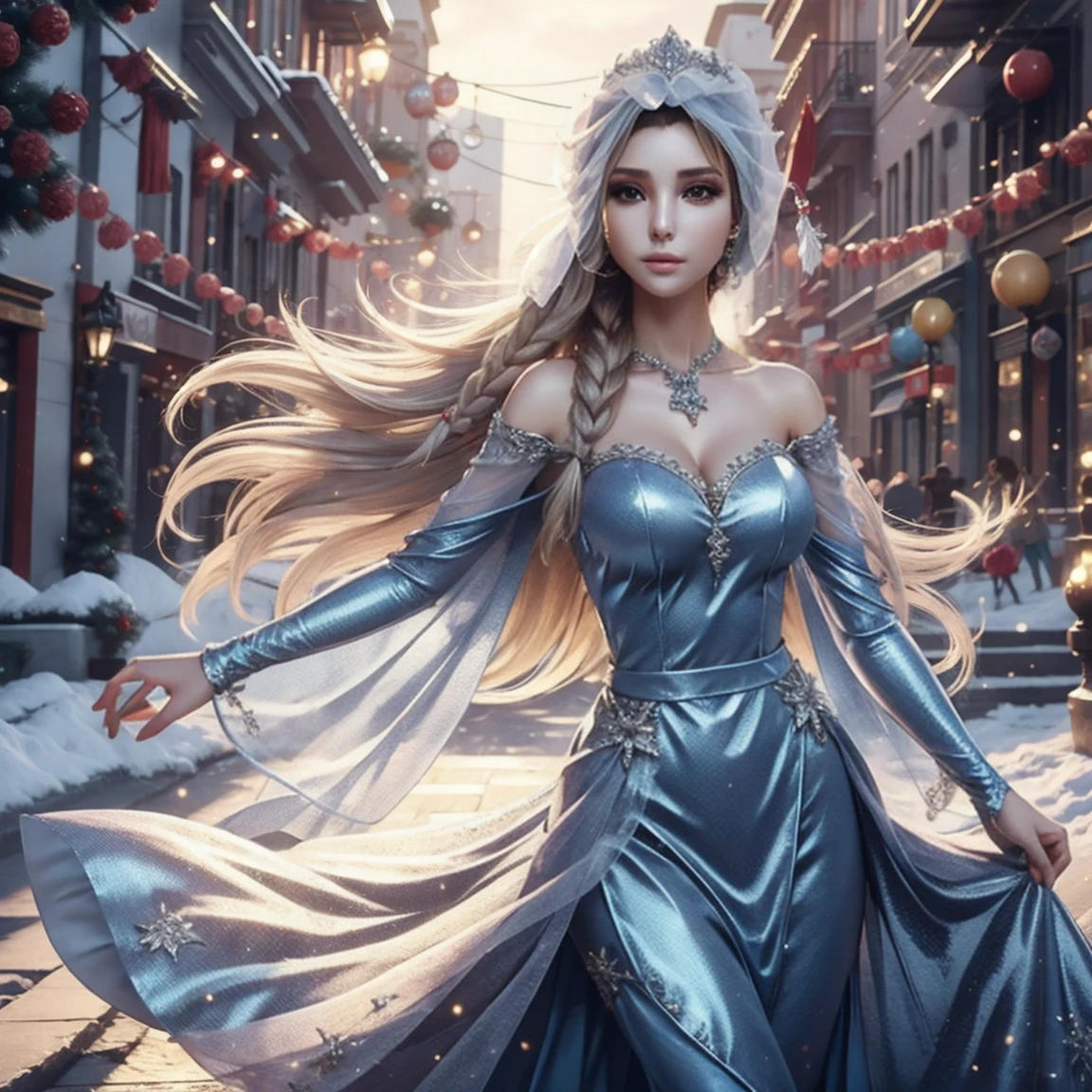Generate an realistic image of Elsa from Frozen, real character Frozen elsa, dressed in modern fashion for a New Year's . HDR 8K texture dress, visual render Elsa, Elsa should be wearing a red, delicate long dress , along with a New Year's santa hat. The dress should be stylish and suitable for a princess. New Year's dress with real feathers and tassels.