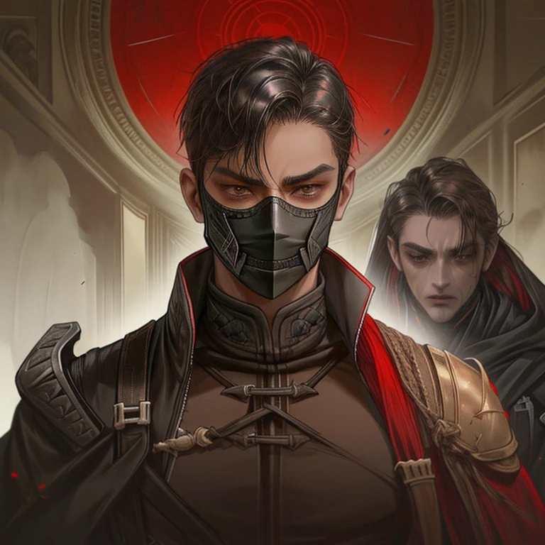 A tan man wearing assassin clothes with a mask on his face with sharp red brown eyes and black hair