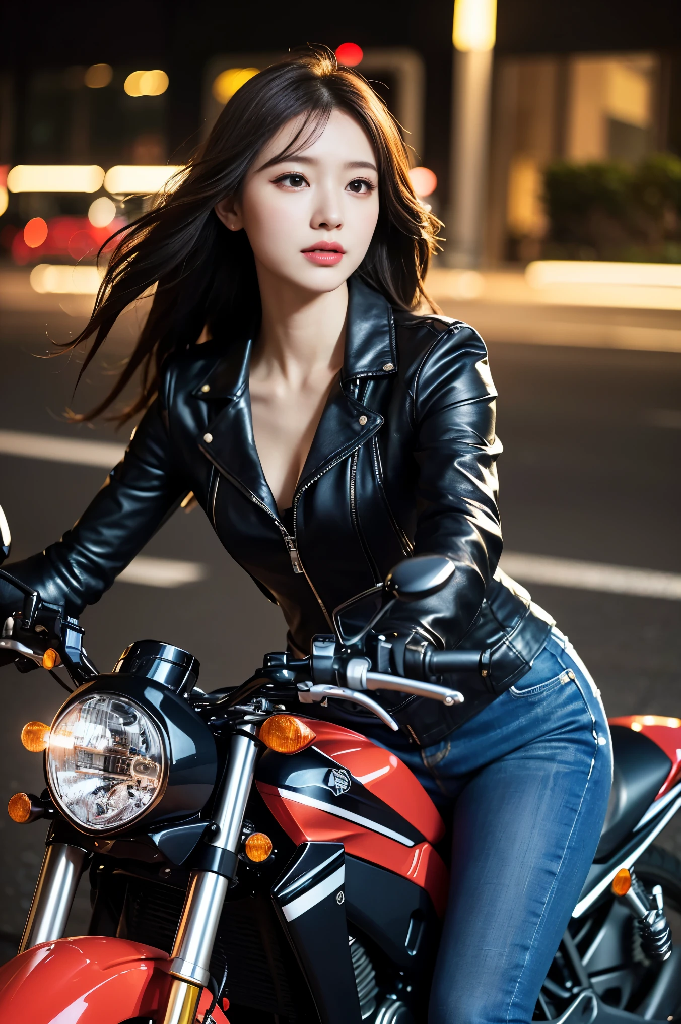 Generated in SFW, Maintain the golden ratio, (1 Female:1.37),  supermodel, (Riding on motorcycle:1.37), (I ride a Honda CBR400R..:1.37), (Accurate depiction of the motorcycle:1.37), Accurate 5-finger, cyberpunk night view, ((Night in the City:1.15)), (Above the knee shot:1.2),  (Beautiful Face:1.37), Accurate Face, (Black rider jacket:1.37), (The tight-fitting suit:1.21), (Leather slim pants:1.21)(highest quality:1.4), 32k resolution, (Realistic:1.5), (超Realistic:1.5), High resolution UHD, (masterpiece:1.2)), (Improvement of quality:1.4), (非常にBeautiful Faceの詳細), (highest qualityのリアルな質感の肌:1.4), (Perfect Anatomy:1.2), Anatomically correct limbs, Symmetrical eyes, Natural Makeup, ((A great eye for quality:1.2)), (tired, Sleepy and satisfied:0.0), (Beautiful Lips:1.33), (Great nose:1.2), (Slender body:1.2, Moderate Buff), (Slim lower body), Shiny Hair, brown hair dancing in the wind, (Long Hair:1.37), Complex shadows and light, Spot lighting,