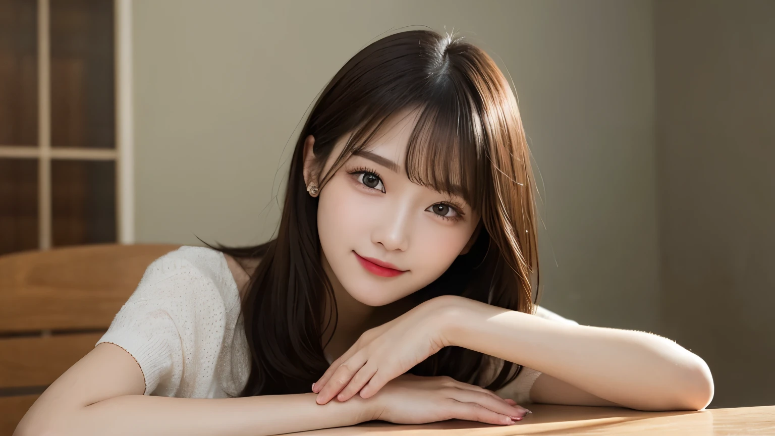 on the table, best quality, shape, Super detailed, Finely, high resolution, 8k wallpaper, 完璧なダイナミックな構shape, Beautiful and delicate eyes, Medium Length Hair, Small Breasts, Natural lipstick, Casual sexy pose,Smile,20 year old girl、midnight、Beautiful and detailed face、Perfect beautiful face,big eyes、original photo、Use the whole body to express female posture、Beautiful and delicate eyes、Small face、Beautiful duplex、Facelift and style,skirt、Beautiful golden ratio face,Long hair