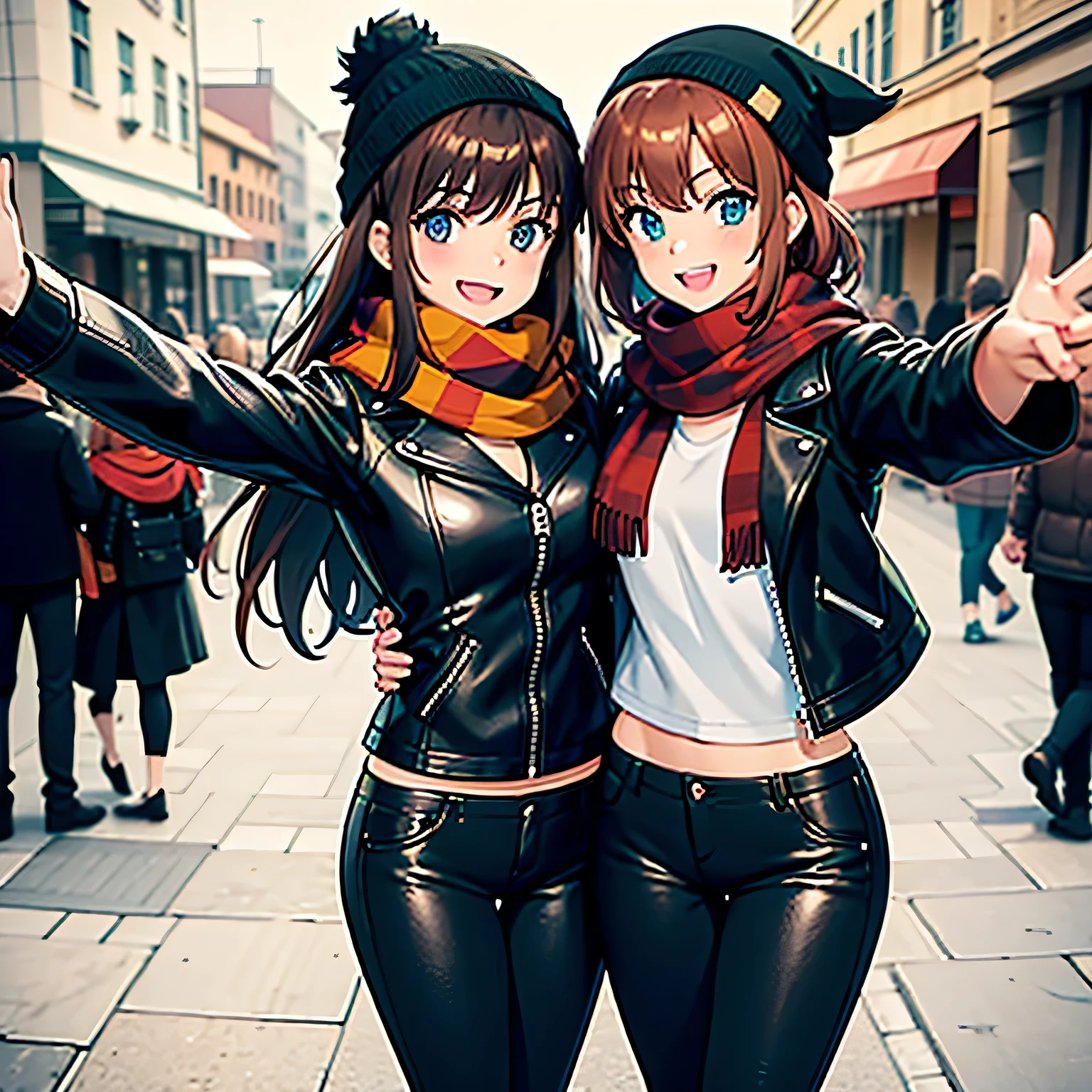 selfie of two cute young women in black leather jackets, leather pants, different eyecolor, one girl with red hair and one girl with brown hair, smile, beautiful, blushing, one girl with scarf, only one scarf in picture, only one girl wearing a beanie, one girl without beanie on head, town_in_background, close_perspective, high resolution, 8k