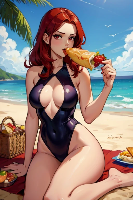 A red haired woman with red eyes with an hourglass figure in a cute one piece swimsuit is eating a picnic at the beach