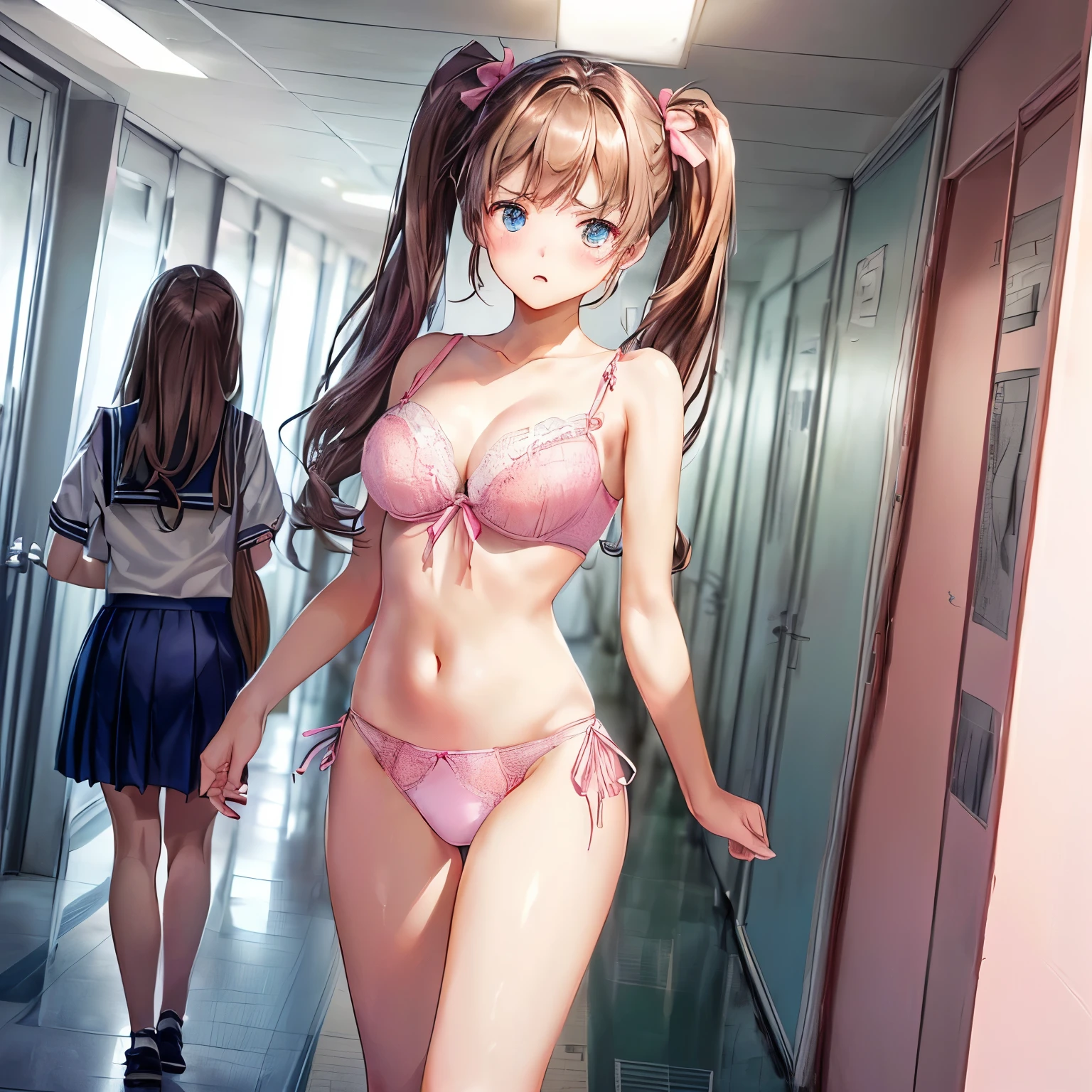 ((下着姿の女性はセクシーにSchool corridorを歩いている:1.4), ((highest quality)), (Super detailed), (Very detailed CG 統合 8k 壁紙), Very detailed, High resolution raw color photos, Professional photography, Brown Hair, Twin tails, Great face and eyes, Slender body, (Amazingly beautiful girl), (School corridor, Many students are walking down the hallway:1.3), (Stylish pink lingerie), (Stylish pink micro bra), (Stylish pink satin side-tie panties), Exact number of arms, Exact number of legs, Perfect Anatomy, (Embarrassed expression, Surprised expression), Looking Back, Angle from behind