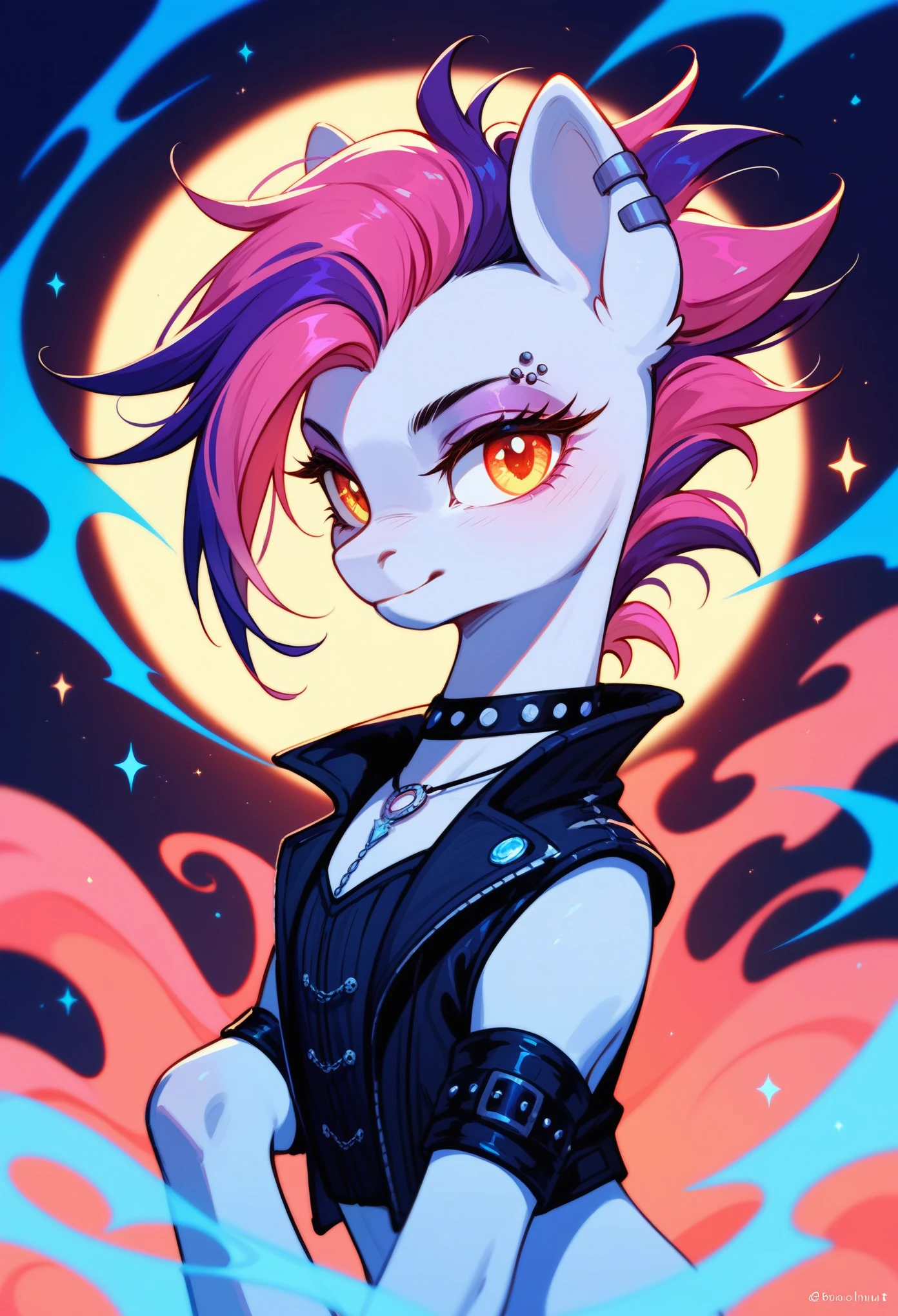 (score_9,score_8_up,score_7_up,score_6_up,score_5_up,score_4_up) black and pink punk pony, glowing, whimsical, enchanted, magical, fantasy art concept, intricate details,
